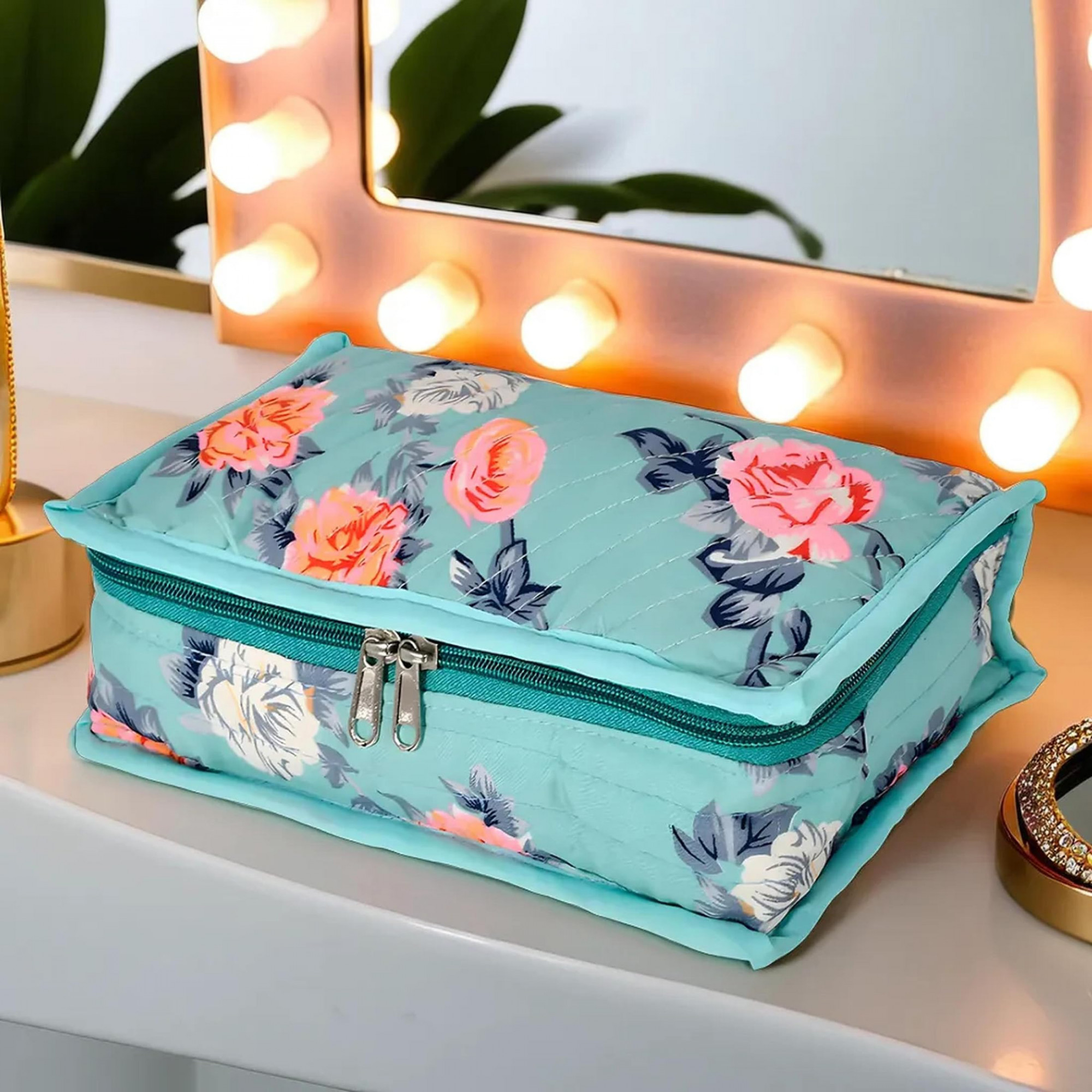 Flower Printed Cotton Jewellery Organizer With 6 Transparent Pockets For Keeps Your JewelleryEarrings Necklaces Organized And Secure Green