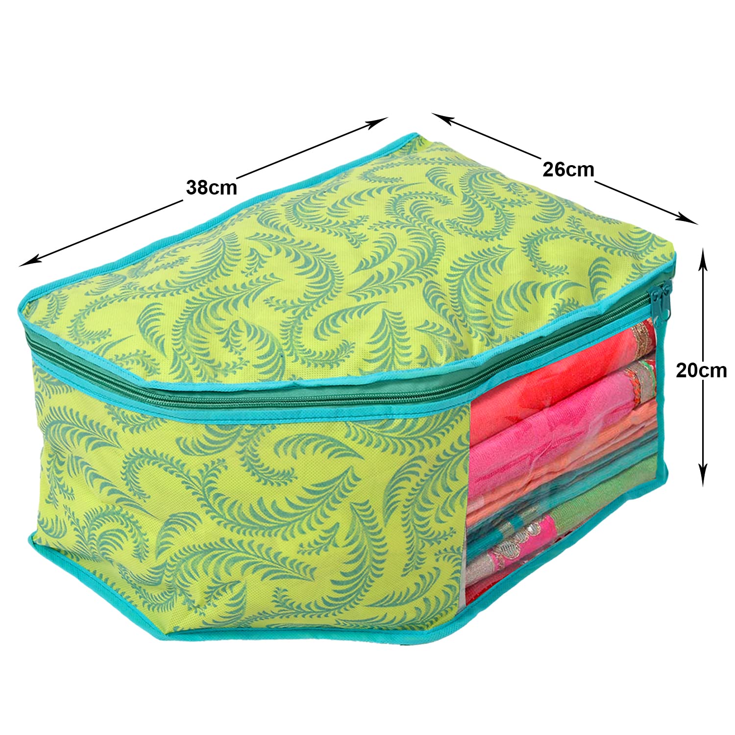 Leaf Printed Non-Woven Blouse CoverOrganizer With Front Window- Pack of 3 Green-44KM0529