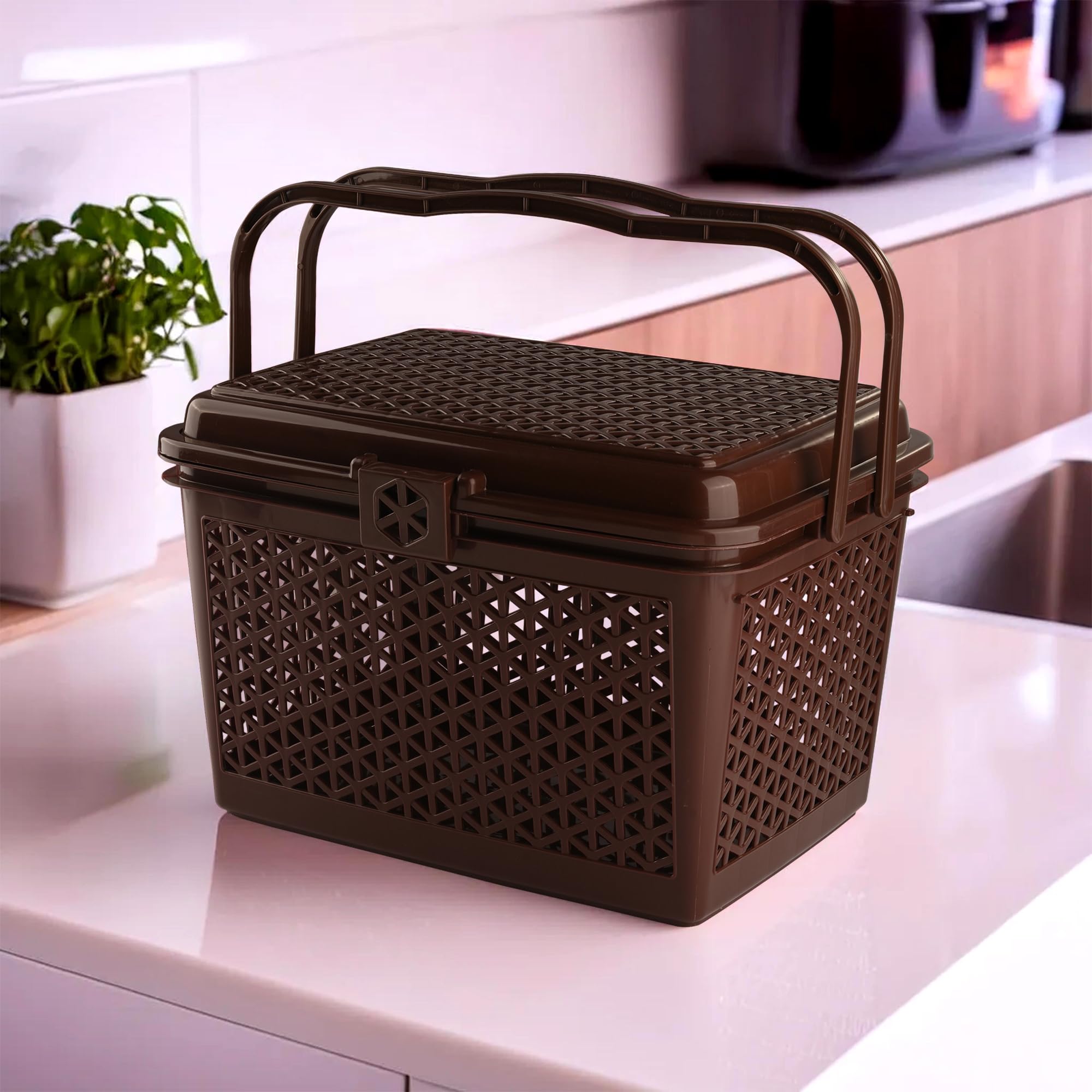 Plastic Trendy Shopping Storage Basket with Handles - Big Bin for Shower Closet Kitchen Garden Bathroom Toys Pink