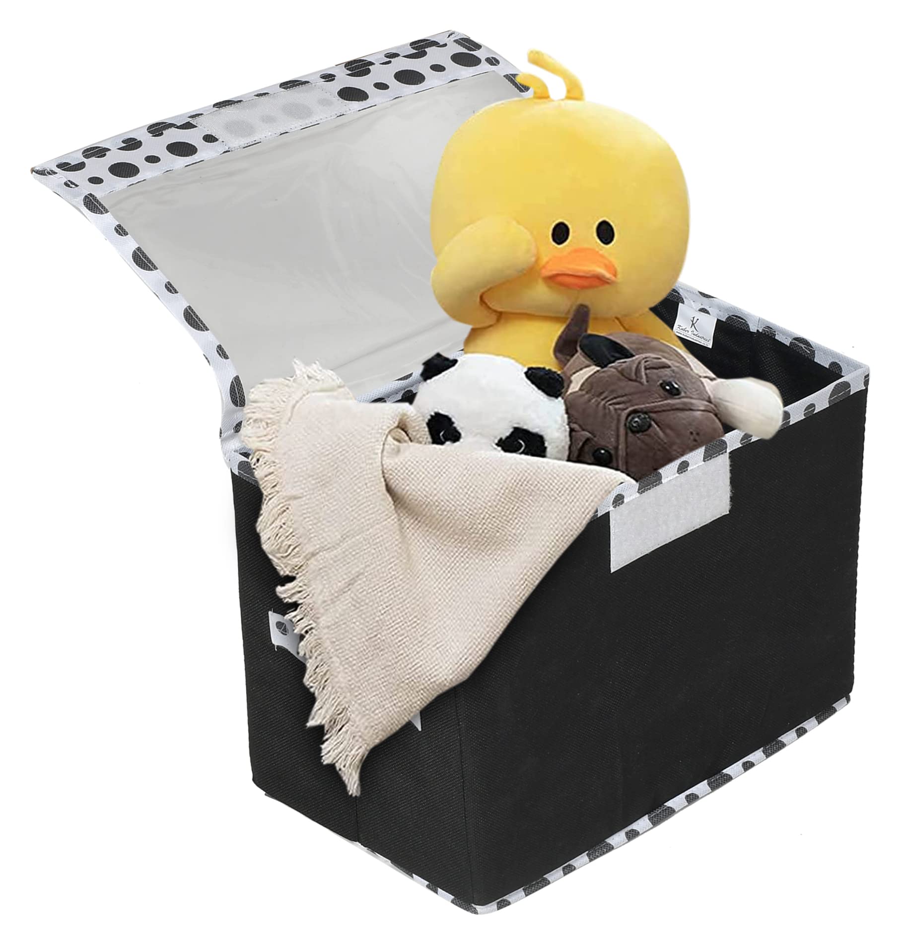 Dot Printed Foldable Large Non-Woven Storage BoxBin For Books Towels Magazines DVDs  More With Tranasparent Lid Black -44KM0422