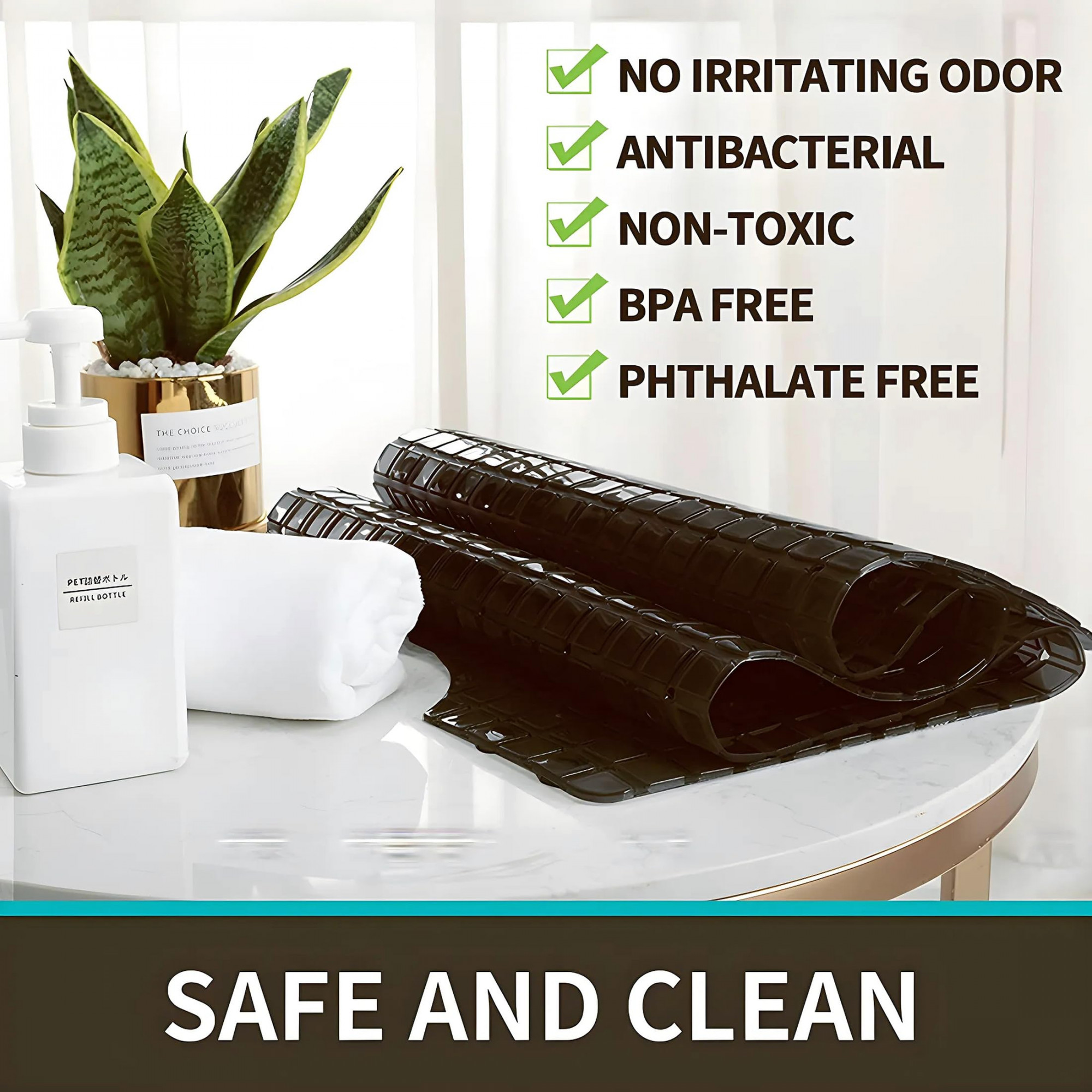 Non Slip Eco Friendly Shower Bath Mat With Drain Holes And Suction Cups to Keep Floor Clean Brown -HS43KUBMART25553