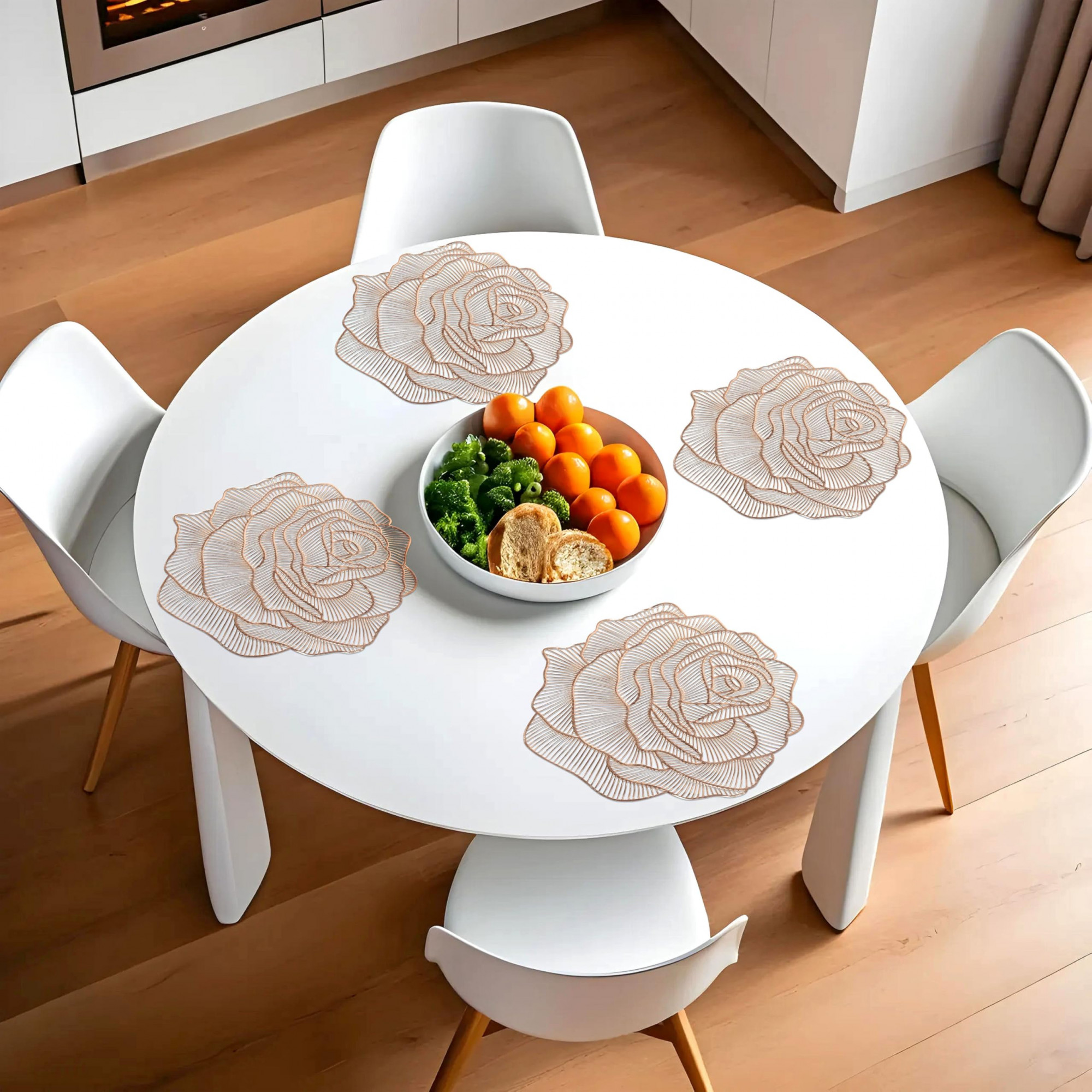 Rose Design Soft Leather Table Mats Dining Table Mats Set of 6 Gold