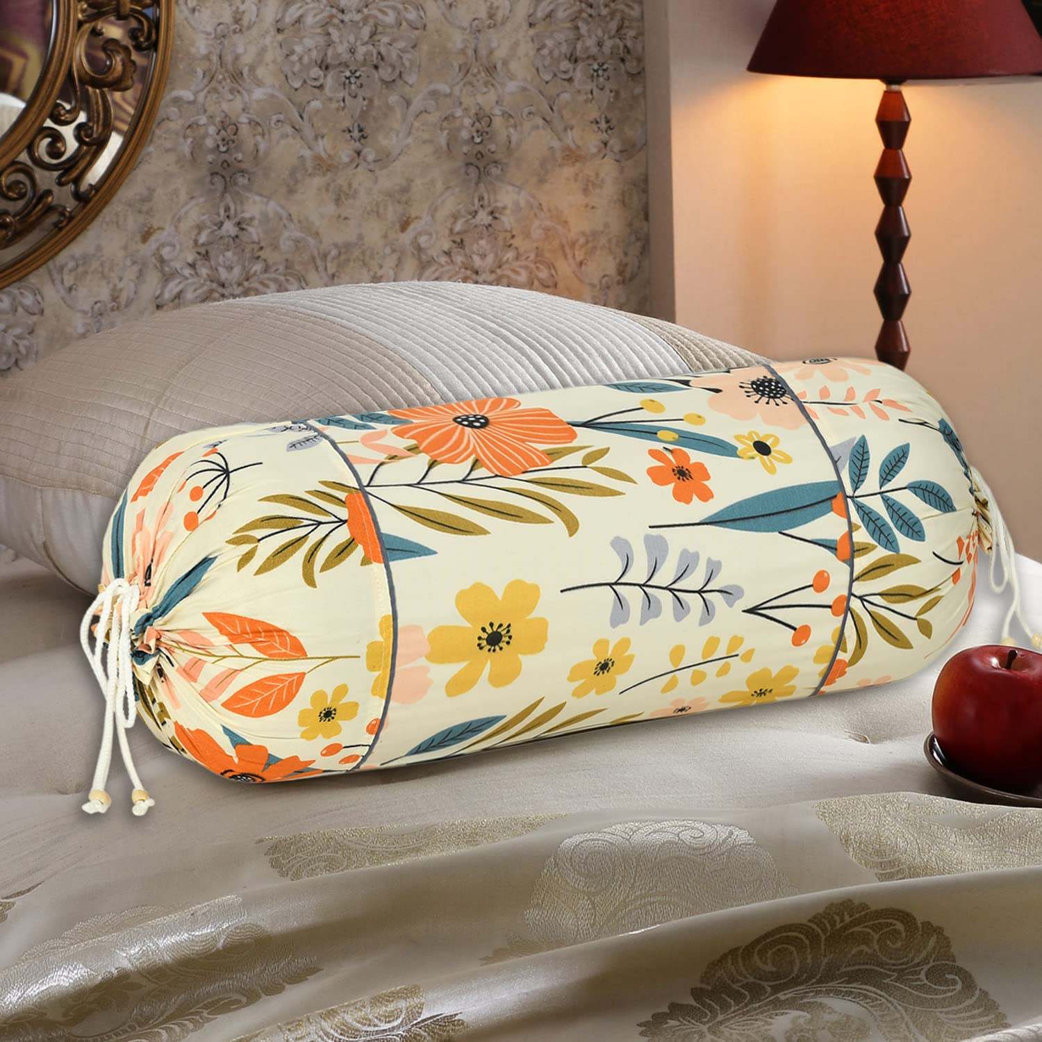 Floral Print Cotton Bolster Cover- Set of 2 16x32 Cream