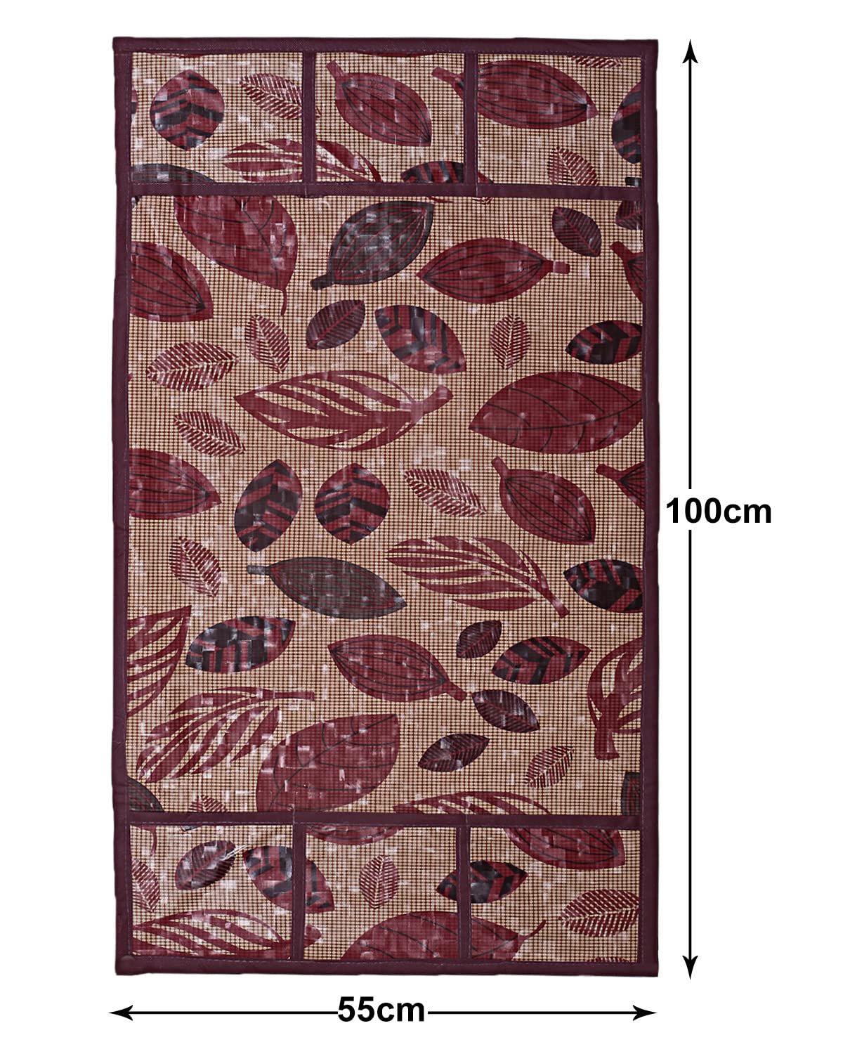 Leaf Print PVC Fridge Top Cover With 6 Utility Side Pockets Maroon