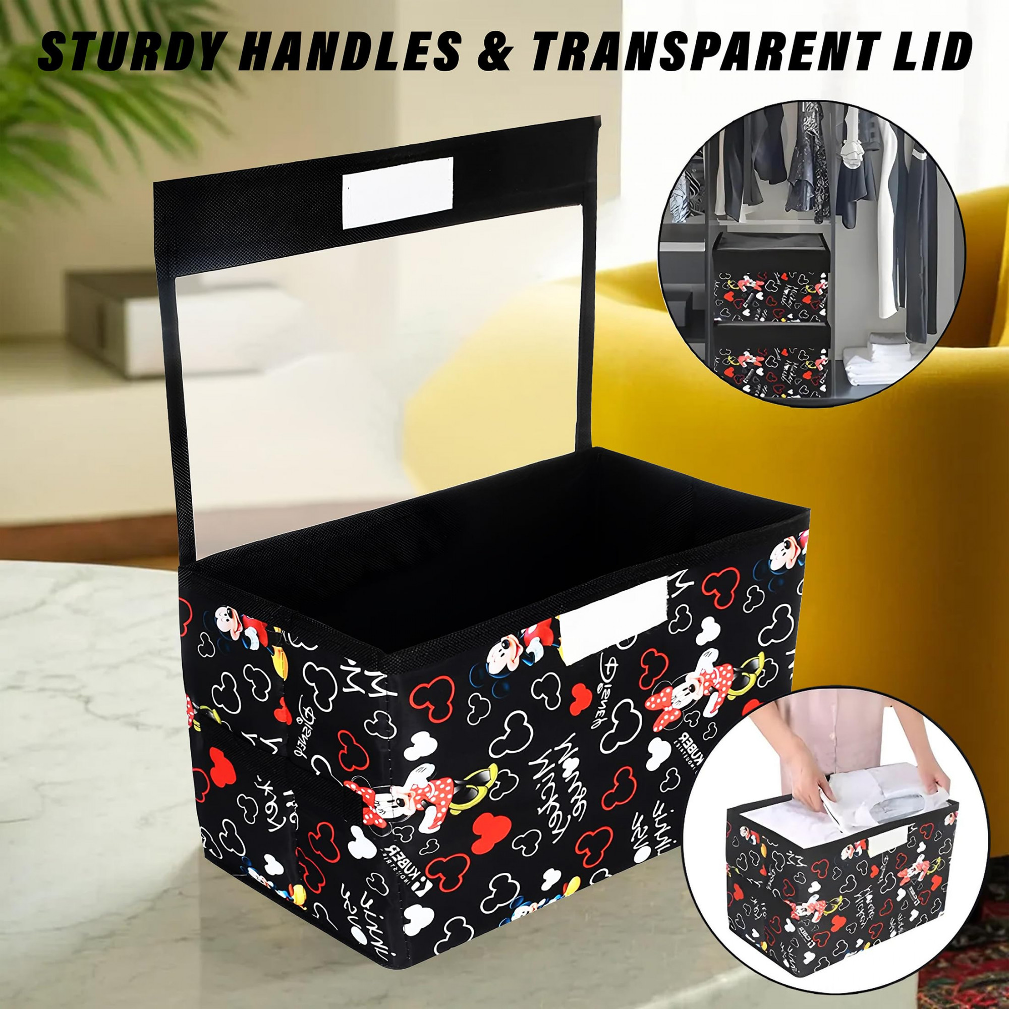 Disney Minnie Storage BoxNon-Woven Foldable Medium Storage Organizer for ToysCloths with Transparent Lid  Handle Black