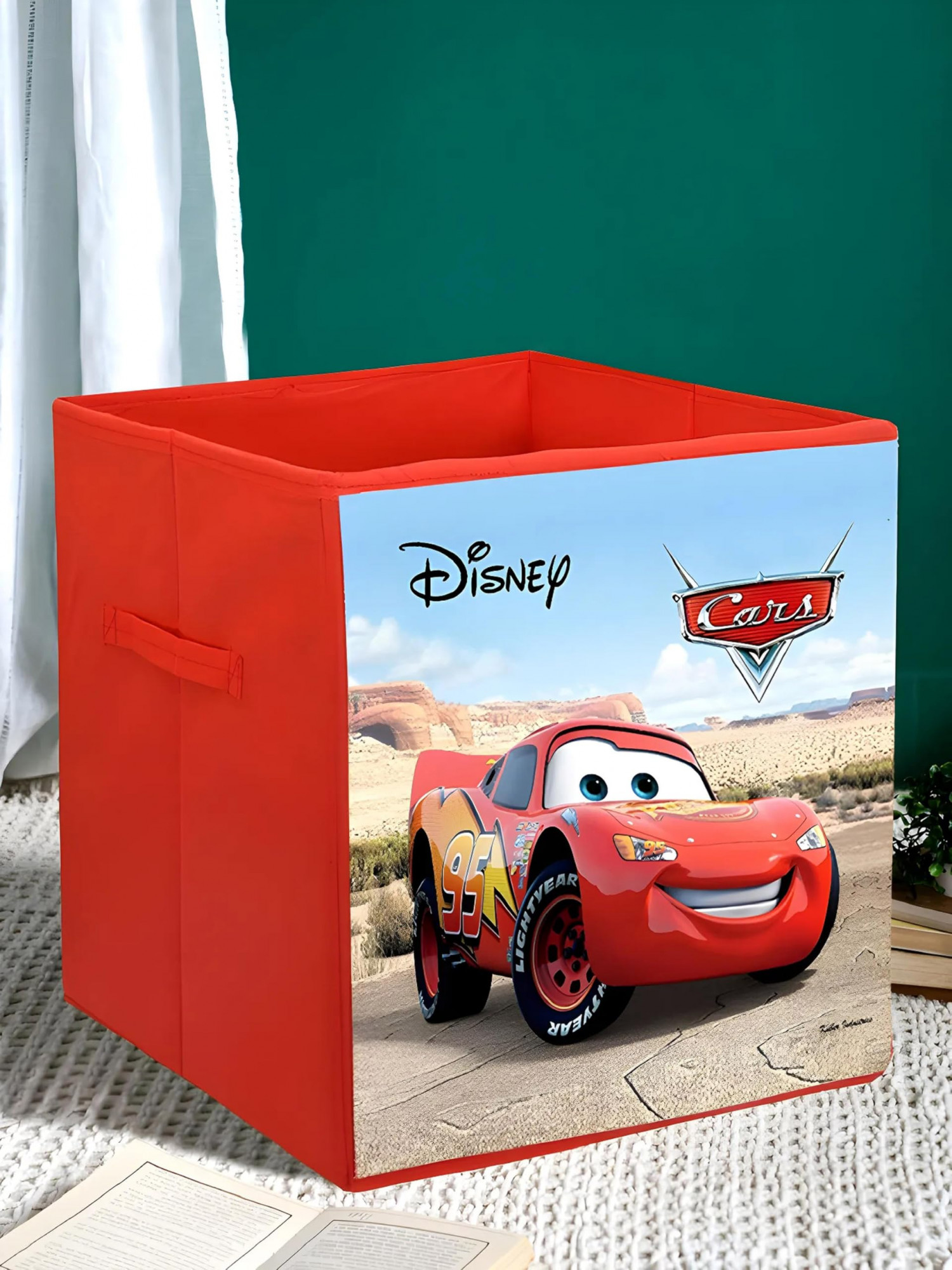 Disney Cars Print Non Woven Fabric Foldable Large Size Cloth Storage Box ToyBooks Wardrobe Organiser Cube With Handle Red