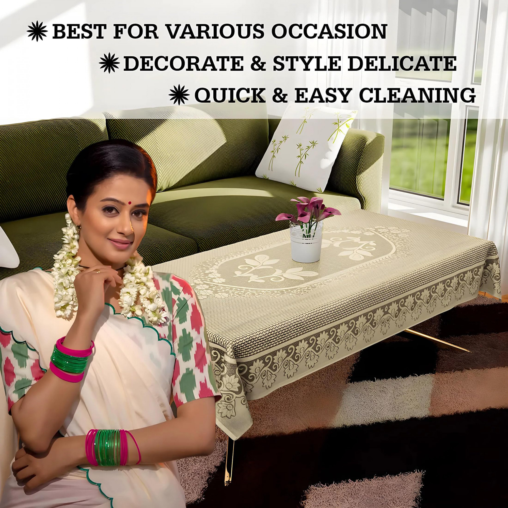 Center Table CoverCotton Luxurious Net Floral S-19 DesignStain-Resistant  Anti Skid Coffee Table Cover40x60 Inch Cream