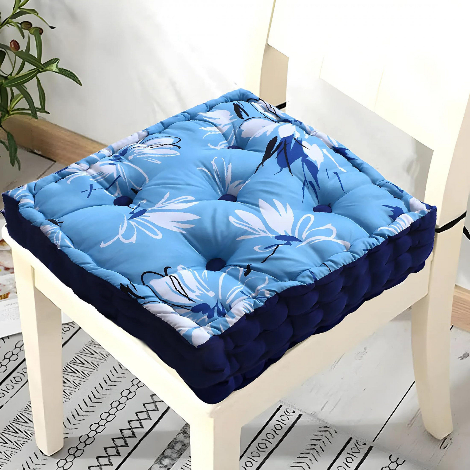 Square Chair PadComfortable Floral Design Seat CushionSoft Cotton Pillow Filler for SeatingMeditationYogaLiving Room Sky Blue