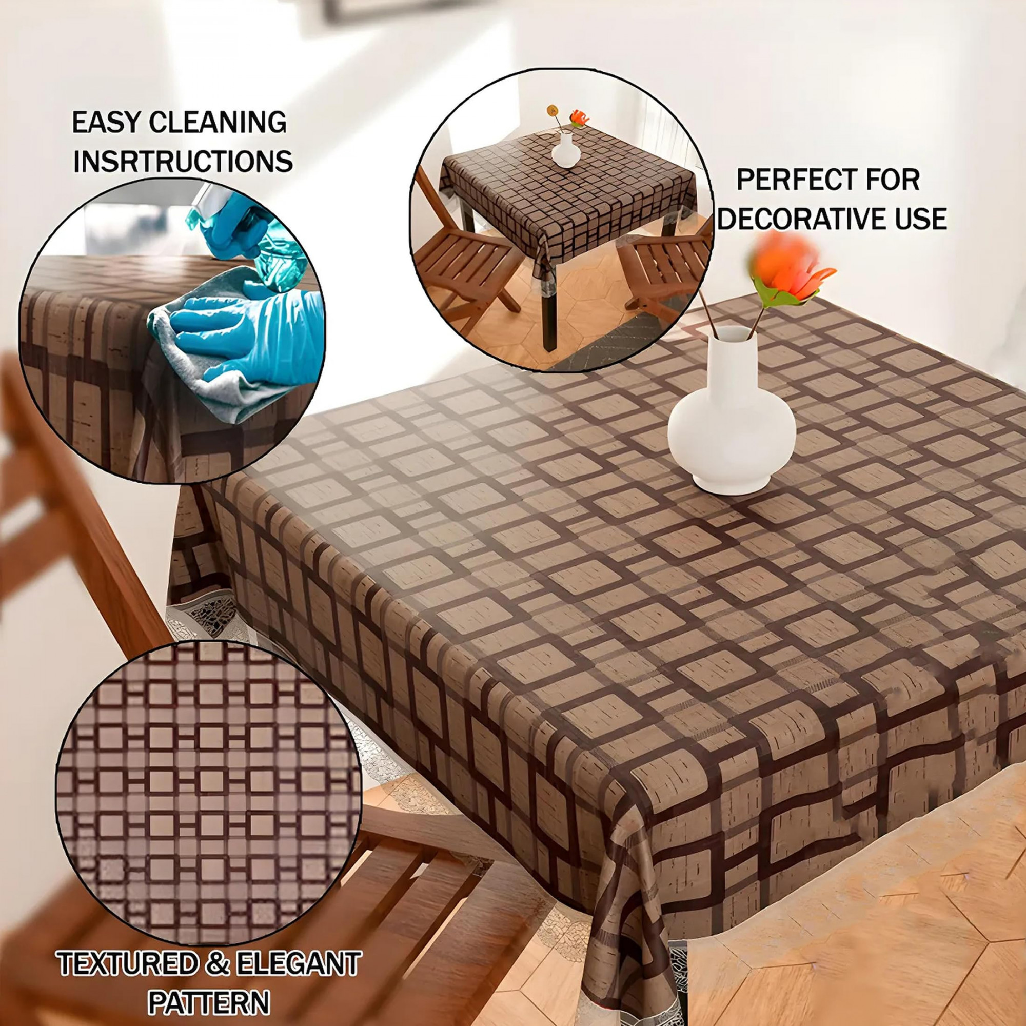 Square Table Cover for 4 SeaterPVC Waterproof Square Pattern Tablecloth Indoor  Outdoor48x48 Inch Brown