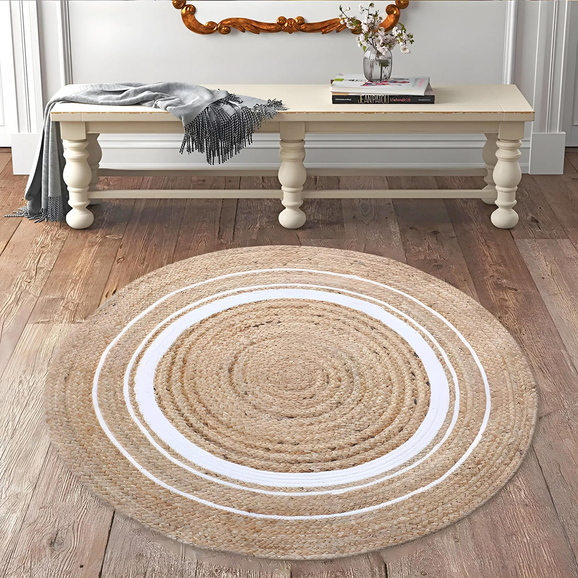Hand Woven Braided Carpet RugsRound Traditional Spiral Design Jute Door matMat For BedroomLiving RoomDining RoomYoga60x60 cmWhite