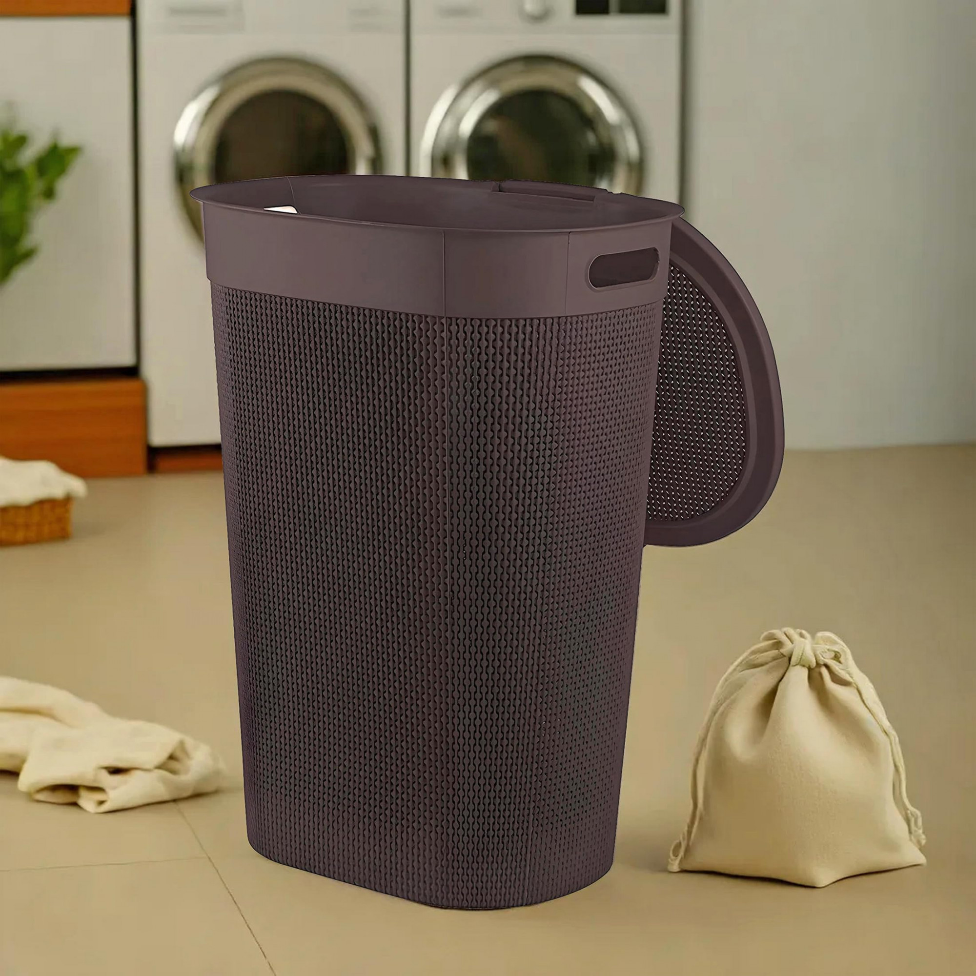 Multipurpose Plastic Laundry BasketBinHamperBucketStorage Organizer With Lid 55 Ltr Brown-46KM0455