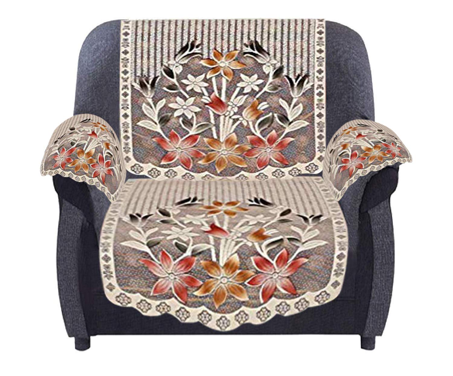 Flower Design Cotton 5 Seater Sofa Cover Set with 6 Pieces Arms cover And 1 Center Table Cover Set Of 17Brown -KUBMART12038