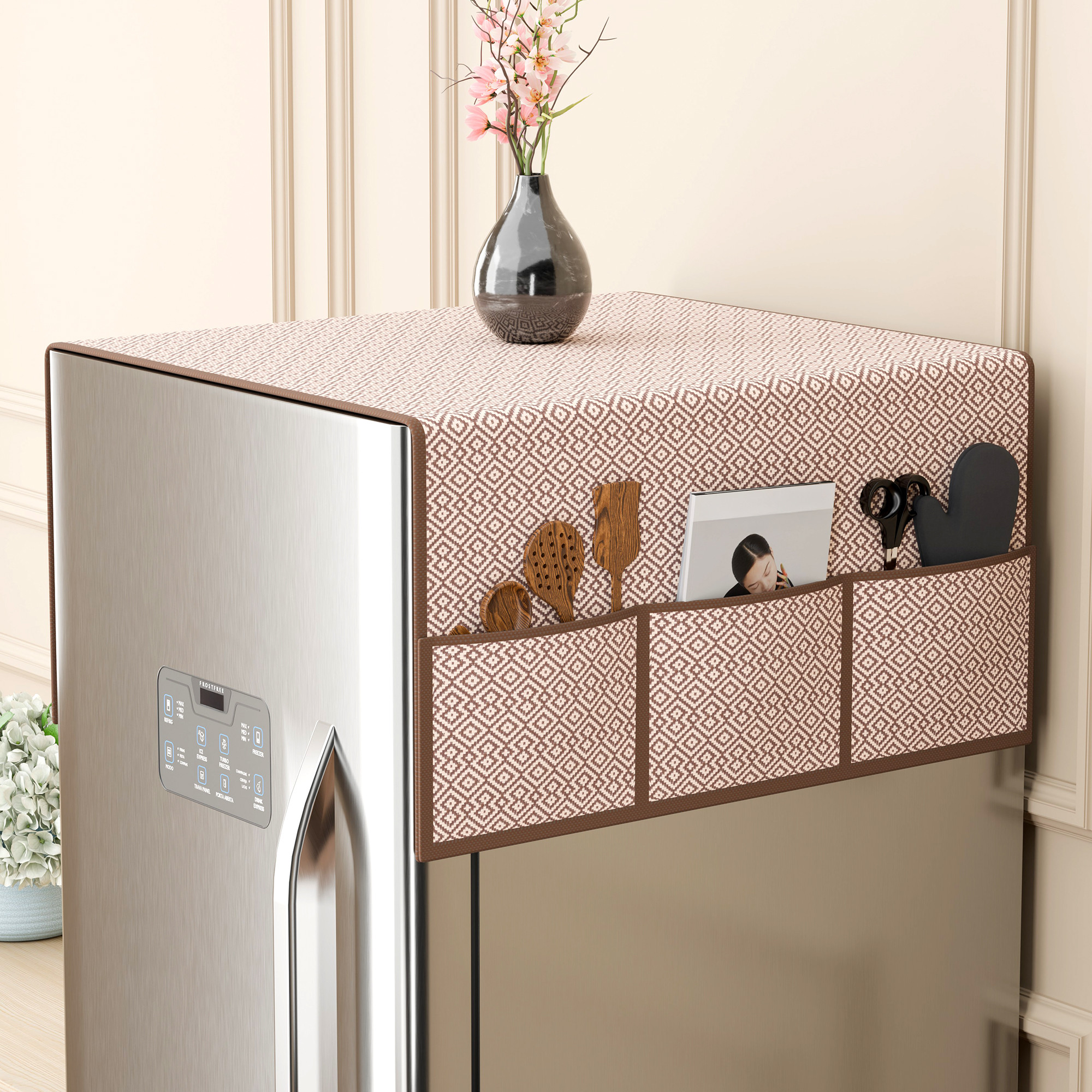Jute Top Fridge Protective Cover with Extra Storage Space  Anti-Dust Refrigerator Desktop Sundries with Utility Pockets Cream  Brown