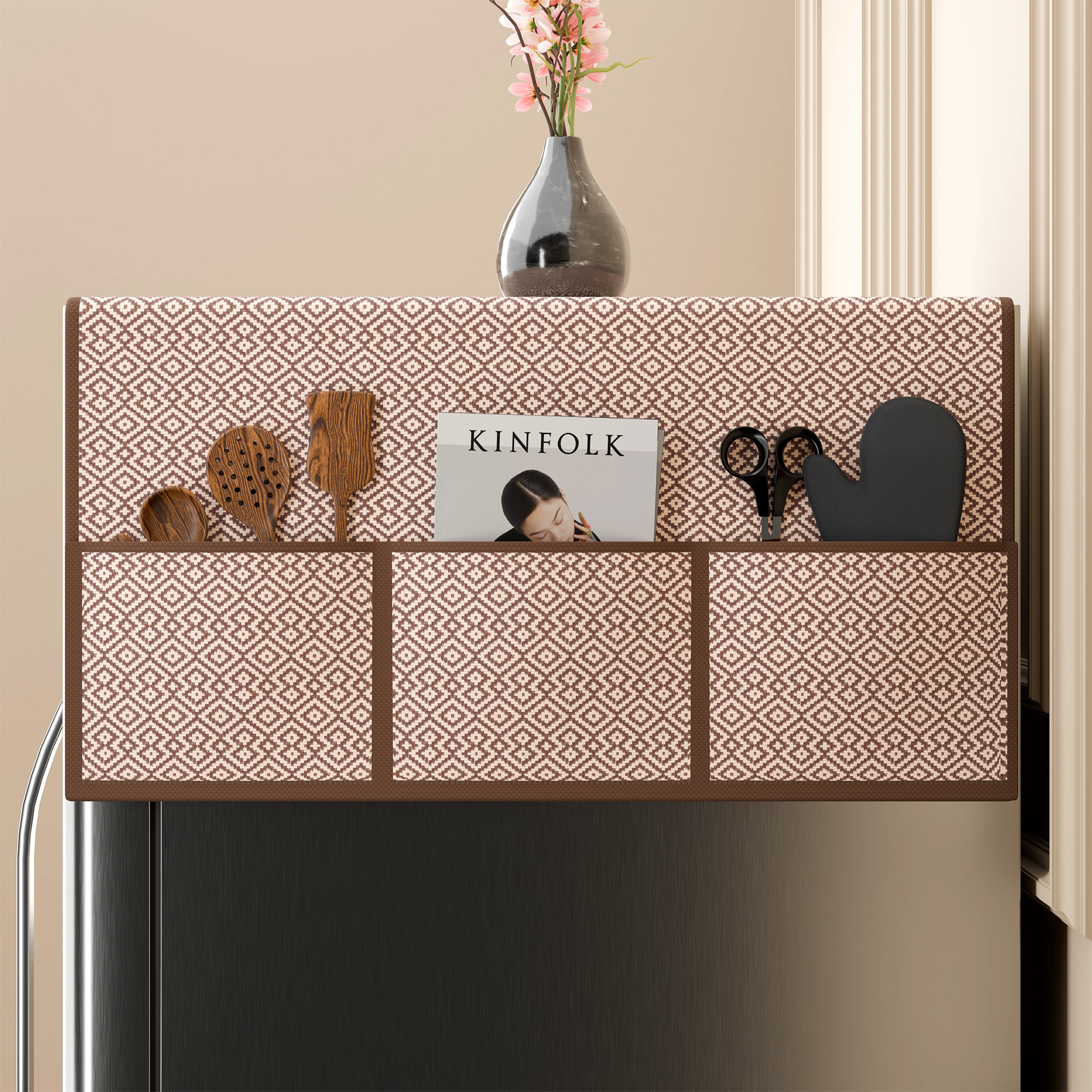 Jute Top Fridge Protective Cover with Extra Storage Space  Anti-Dust Refrigerator Desktop Sundries with Utility Pockets Cream  Brown