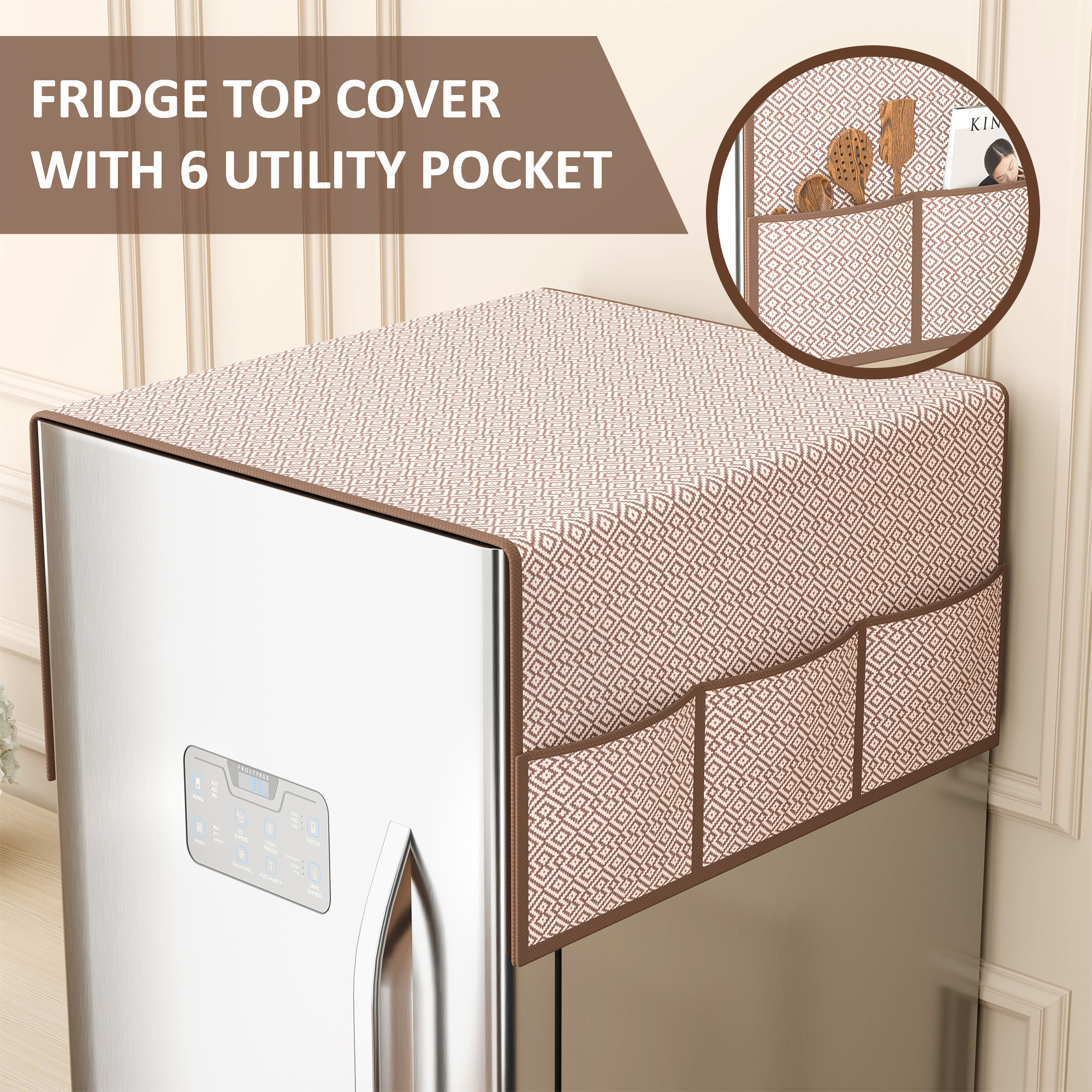 Jute Top Fridge Protective Cover with Extra Storage Space  Anti-Dust Refrigerator Desktop Sundries with Utility Pockets Cream  Brown
