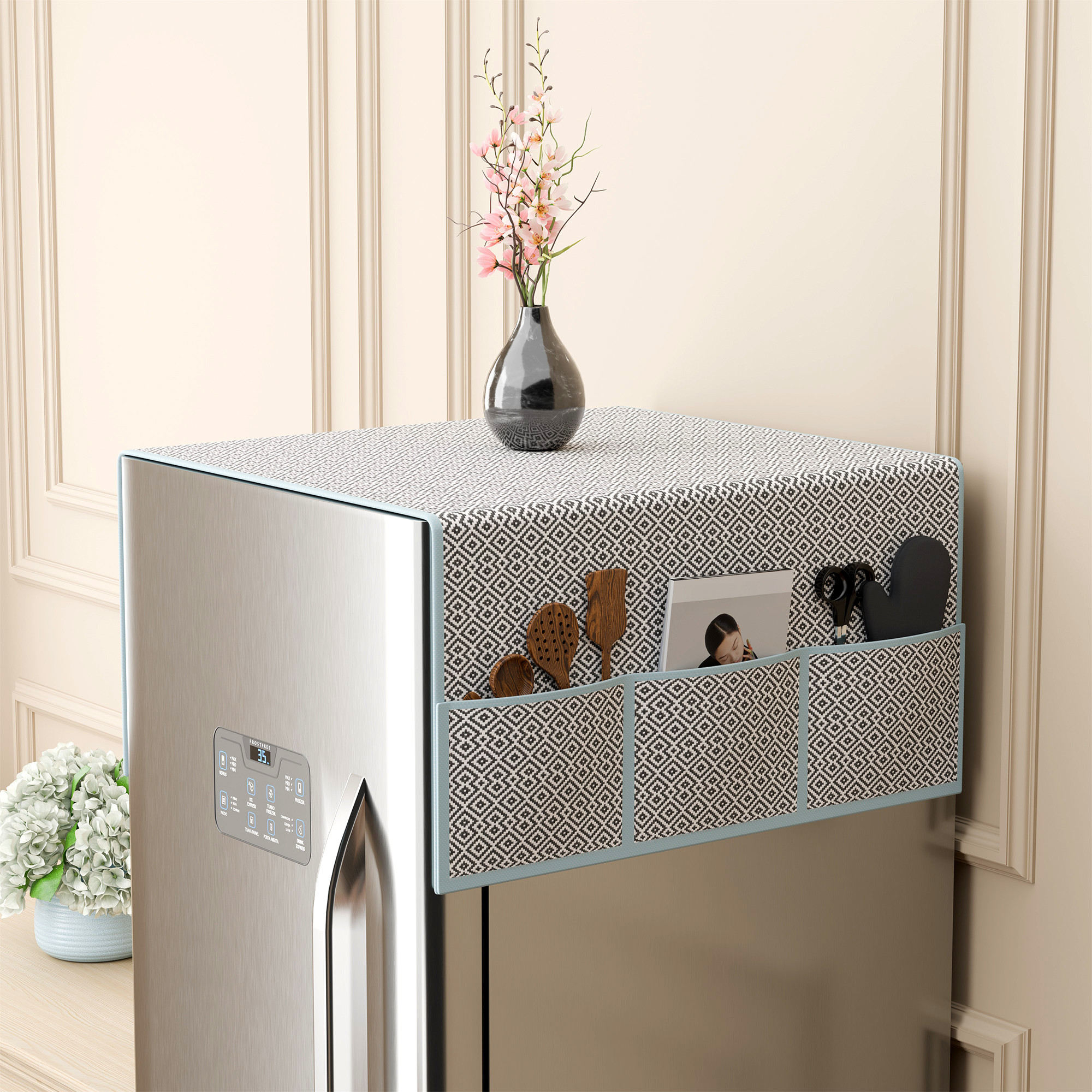 Jute Top Fridge Protective Cover with Extra Storage Space  Anti-Dust Refrigerator Desktop Sundries with Utility Pockets Grey