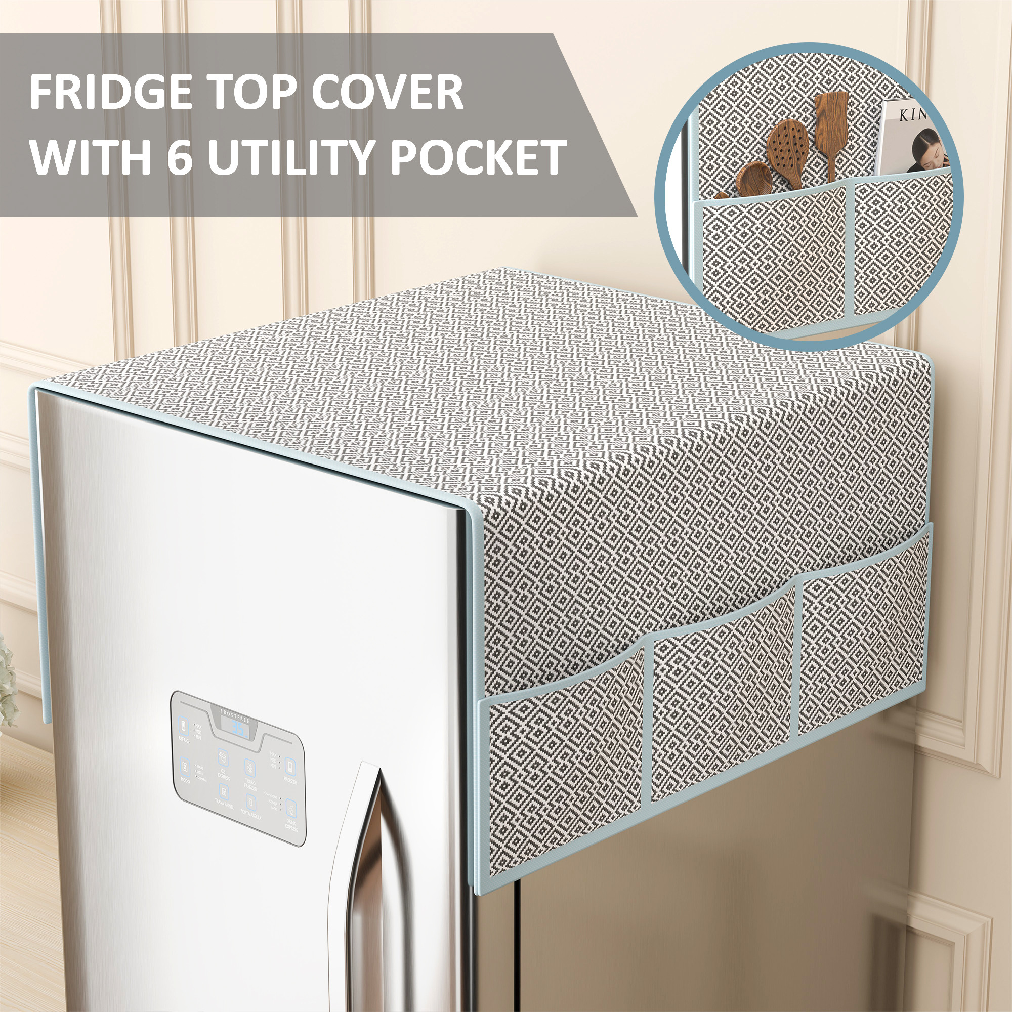 Jute Top Fridge Protective Cover with Extra Storage Space  Anti-Dust Refrigerator Desktop Sundries with Utility Pockets Grey