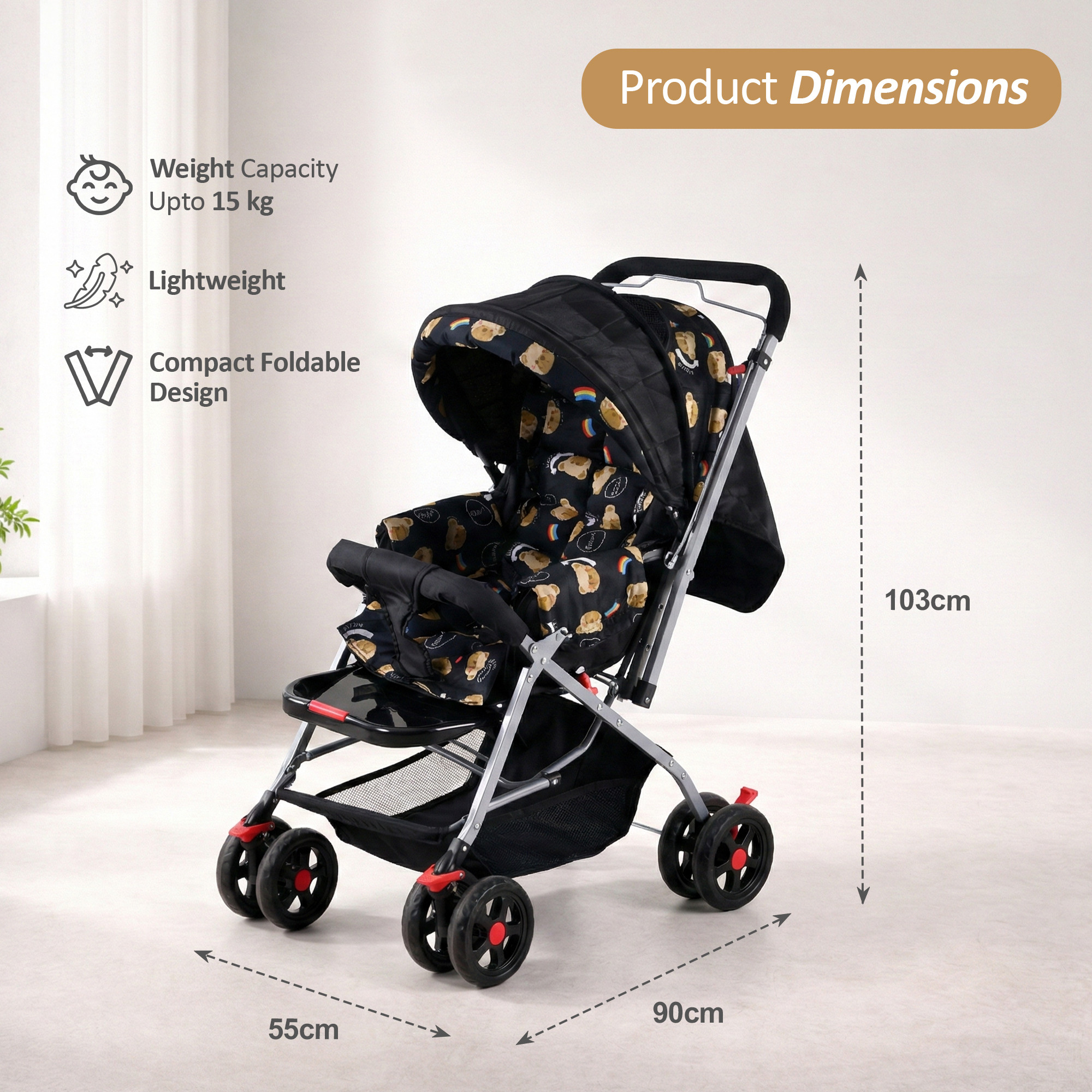 Kids Stroller Pram with Reversible Handle  Adjustable Canopy  Bottom Storage Basket  Pushchair for 15 to 3 Year Baby  Black