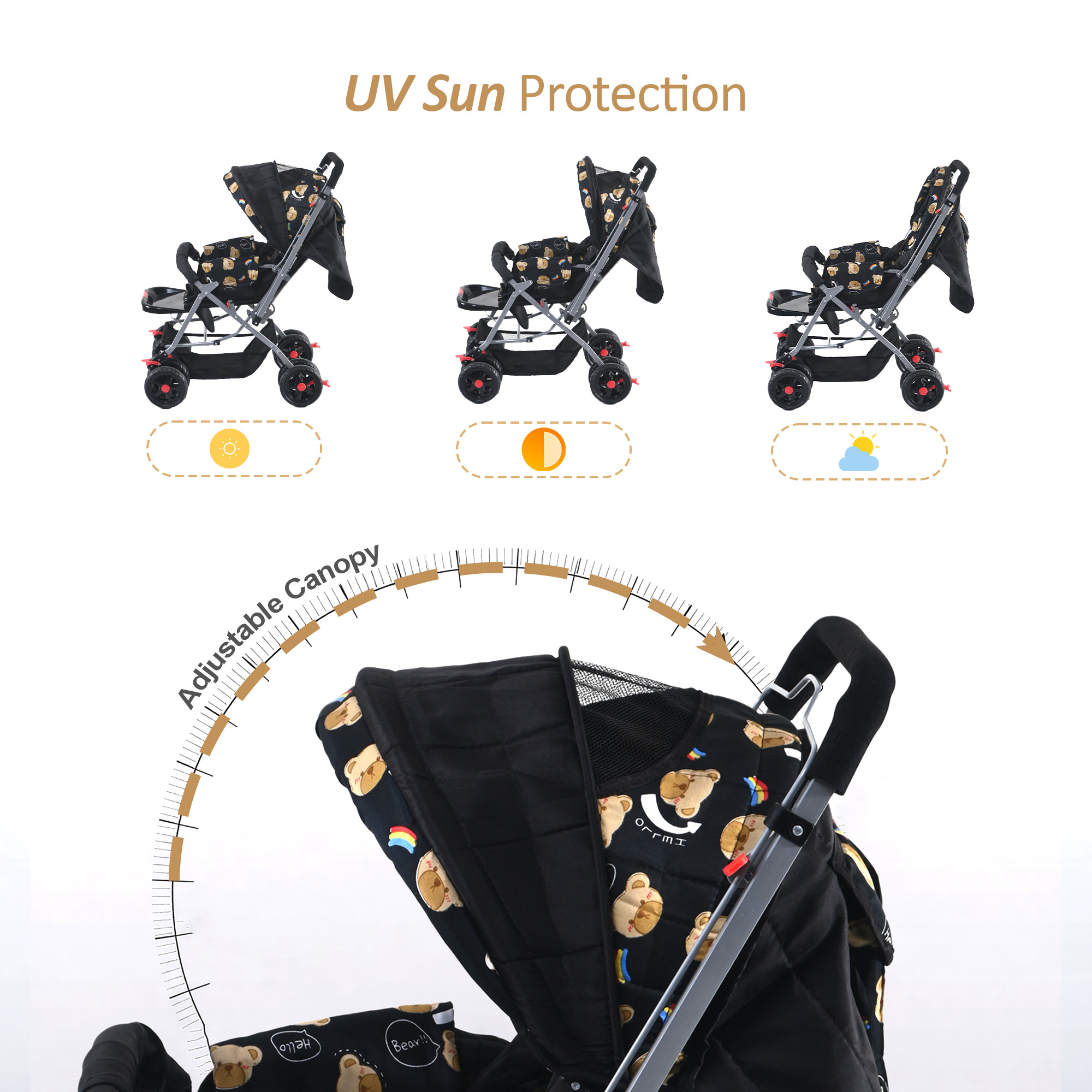 Kids Stroller Pram with Reversible Handle  Adjustable Canopy  Bottom Storage Basket  Pushchair for 15 to 3 Year Baby  Black