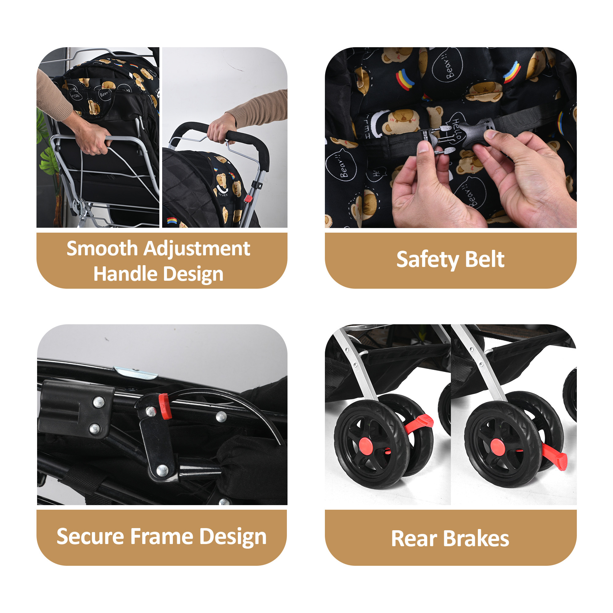 Kids Stroller Pram with Reversible Handle  Adjustable Canopy  Bottom Storage Basket  Pushchair for 15 to 3 Year Baby  Black