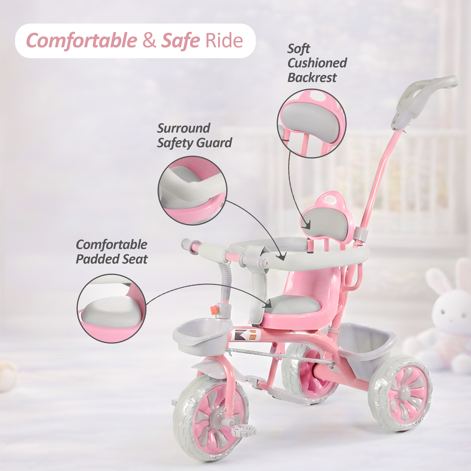Kids Tricycle with Front Basket Safety Guard  Push Handle  Pedal Ride On Cycle for 155 Year Toddlers  1004 - Pink