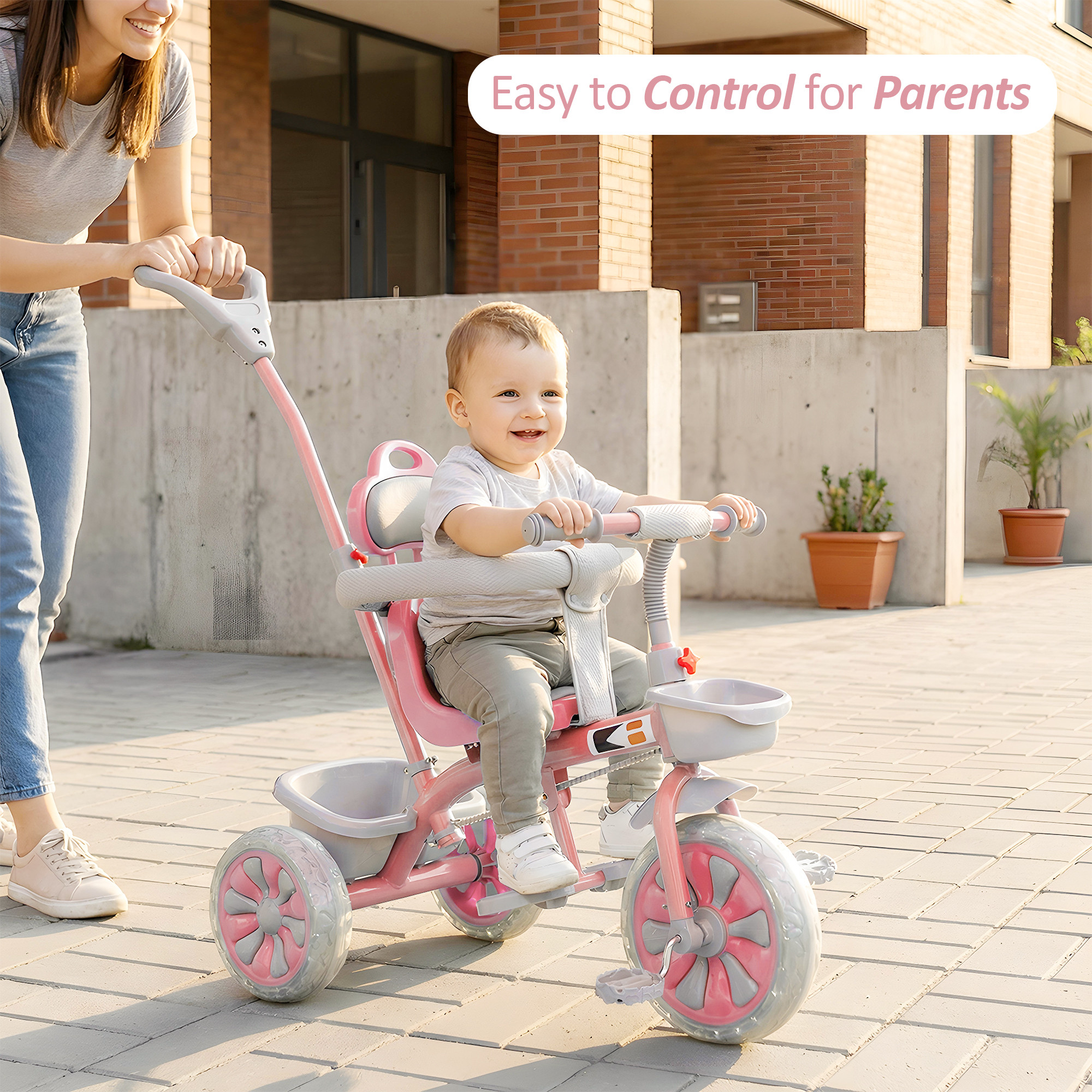 Kids Tricycle with Front Basket Safety Guard  Push Handle  Pedal Ride On Cycle for 155 Year Toddlers  1004 - Pink