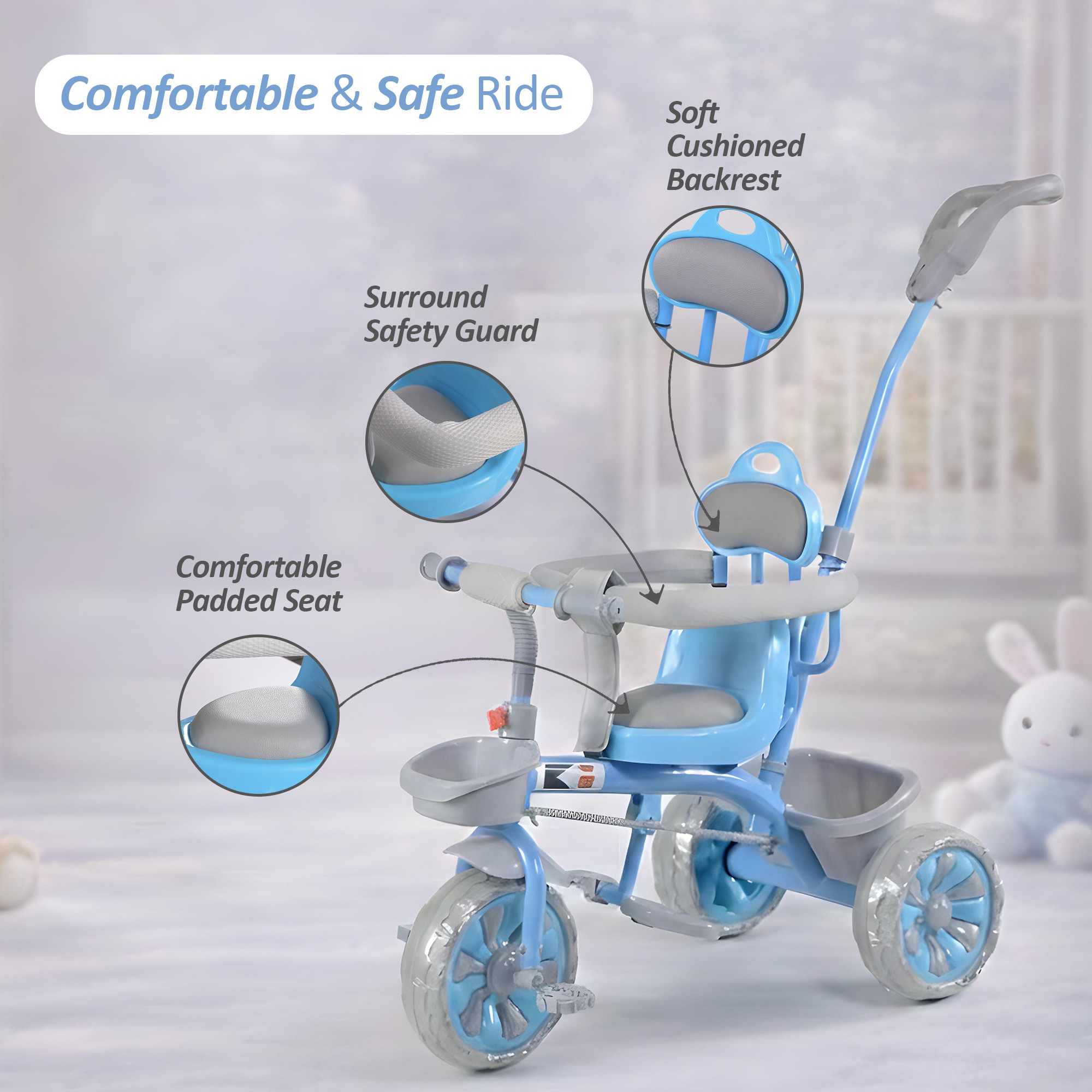 Kids Tricycle with Front Basket Safety Guard  Push Handle  Pedal Ride On Cycle for 155 Year Toddlers  1004 - Blue