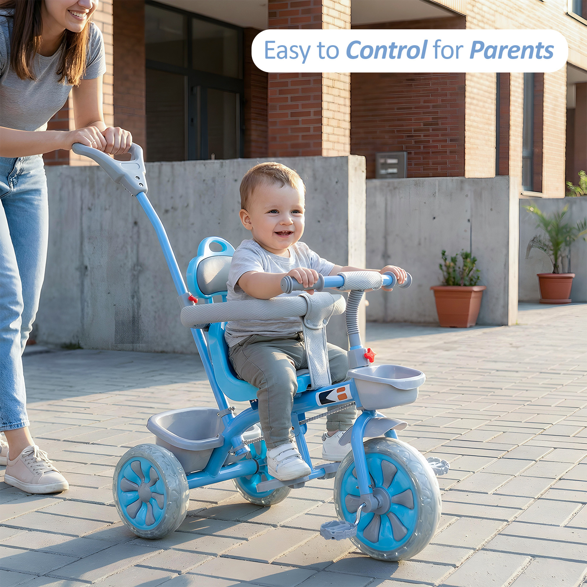 Kids Tricycle with Front Basket Safety Guard  Push Handle  Pedal Ride On Cycle for 155 Year Toddlers  1004 - Blue