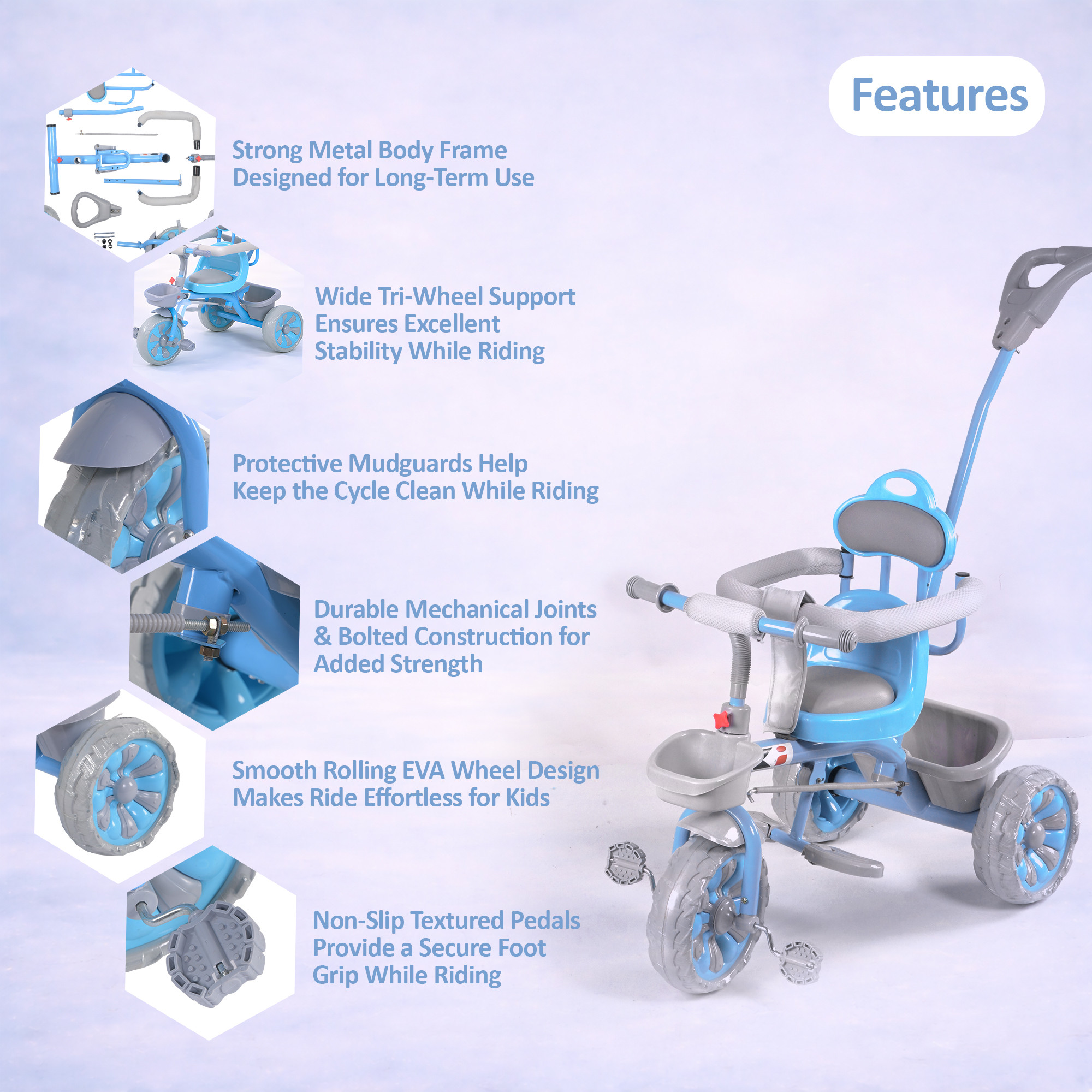 Kids Tricycle with Front Basket Safety Guard  Push Handle  Pedal Ride On Cycle for 155 Year Toddlers  1004 - Blue