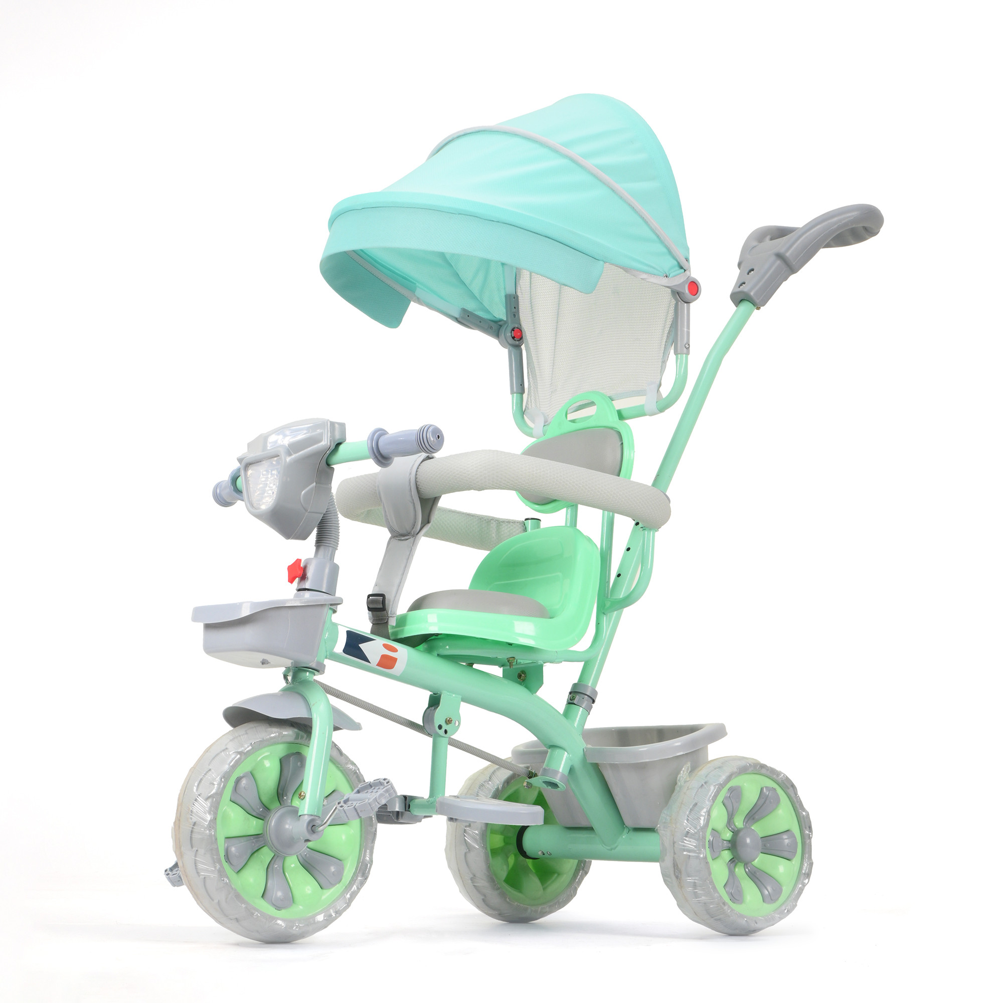 Kids Tricycle with Hood Front Basket Safety Guard  Parental Control  Pedal Ride On Cycle for 155 Year with Music  1005 - Sea Green
