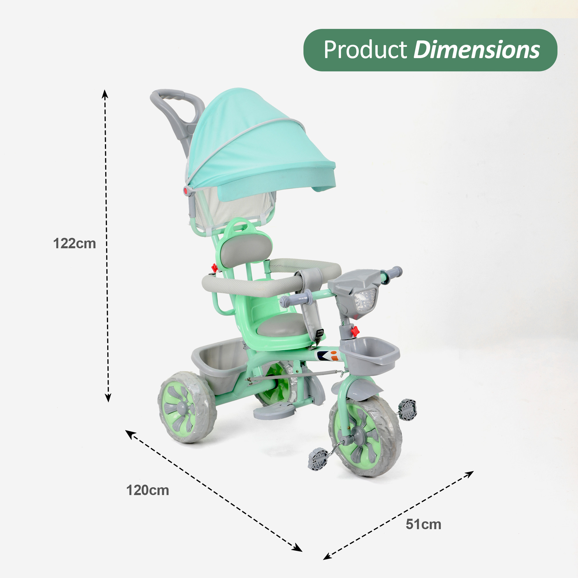 Kids Tricycle with Hood Front Basket Safety Guard  Parental Control  Pedal Ride On Cycle for 155 Year with Music  1005 - Sea Green