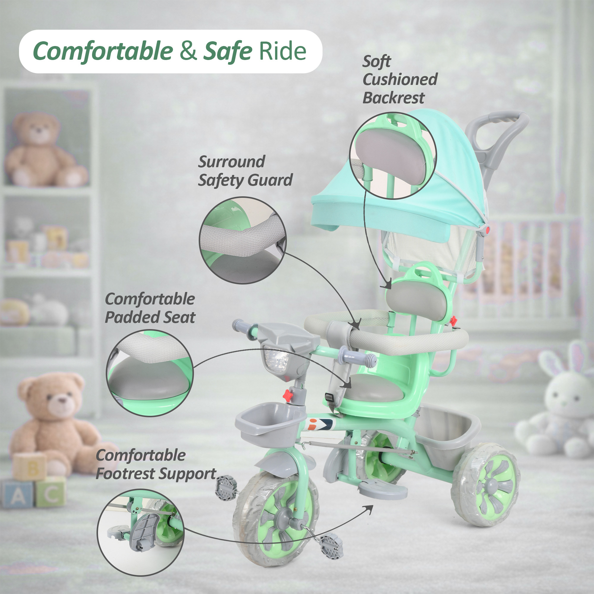 Kids Tricycle with Hood Front Basket Safety Guard  Parental Control  Pedal Ride On Cycle for 155 Year with Music  1005 - Sea Green