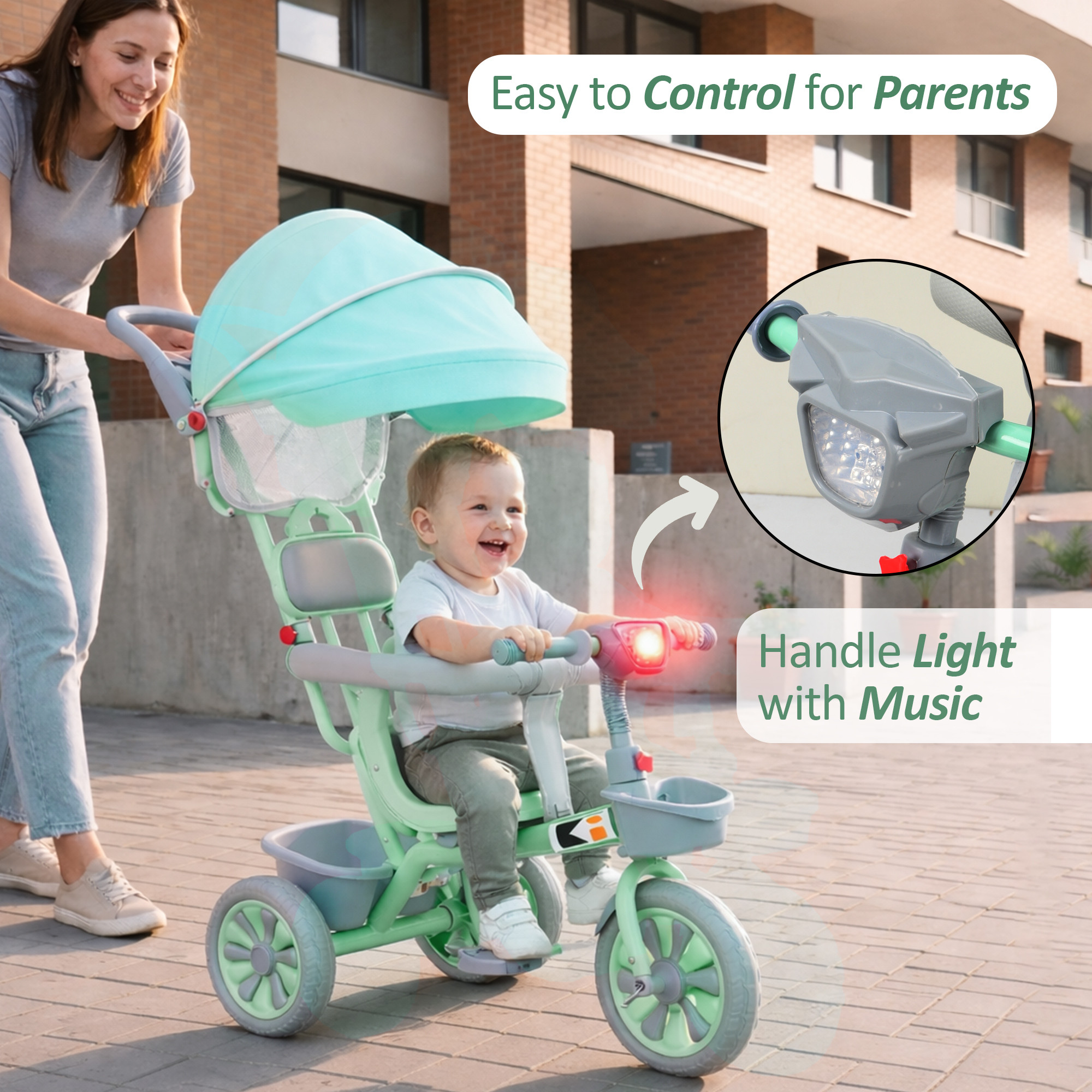 Kids Tricycle with Hood Front Basket Safety Guard  Parental Control  Pedal Ride On Cycle for 155 Year with Music  1005 - Sea Green