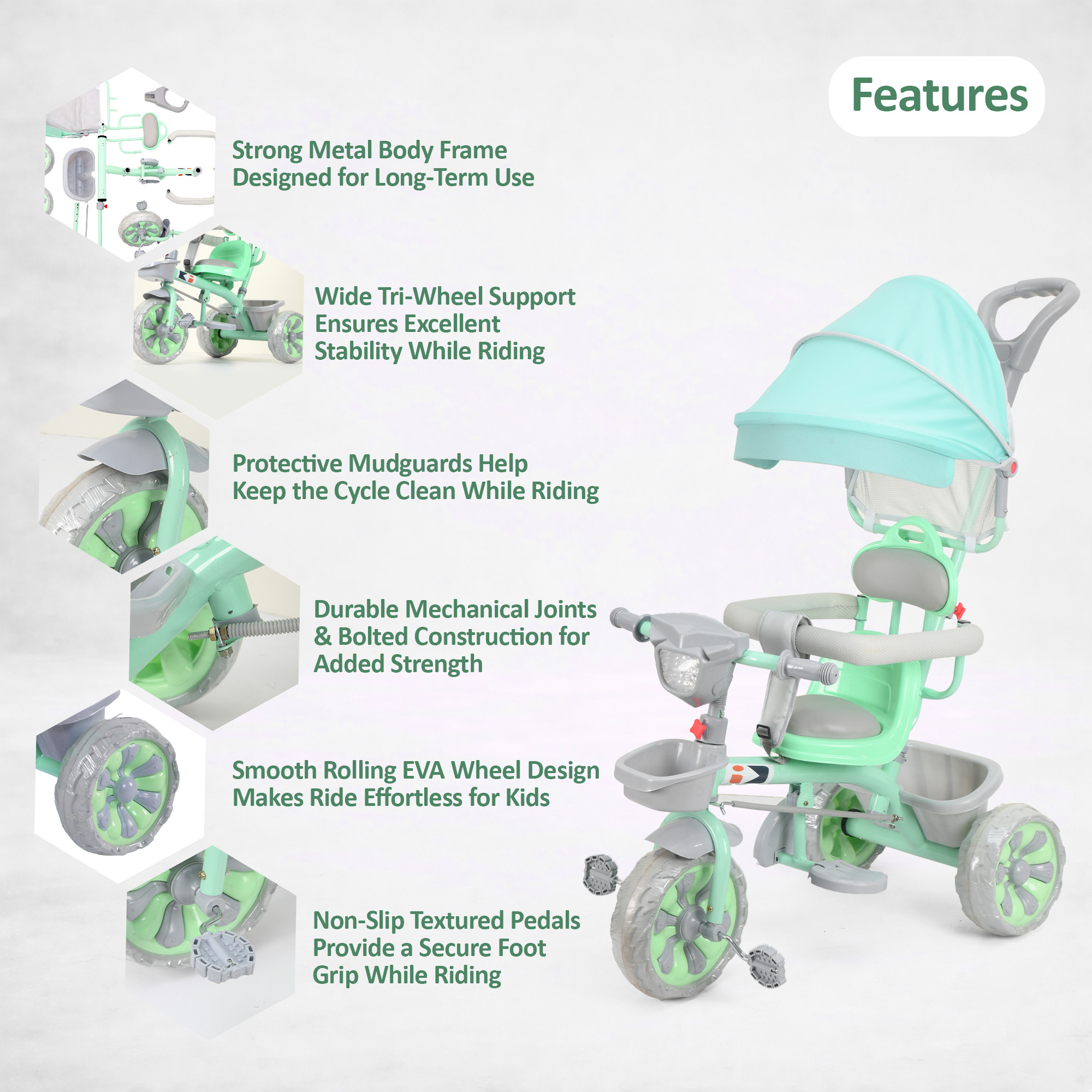 Kids Tricycle with Hood Front Basket Safety Guard  Parental Control  Pedal Ride On Cycle for 155 Year with Music  1005 - Sea Green
