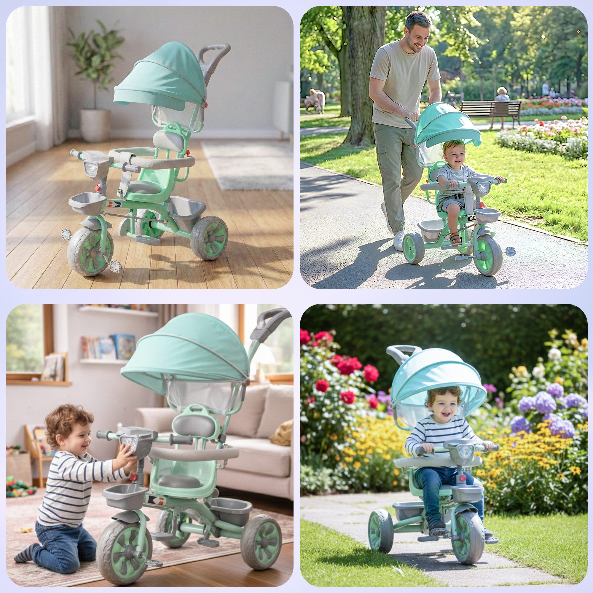 Kids Tricycle with Hood Front Basket Safety Guard  Parental Control  Pedal Ride On Cycle for 155 Year with Music  1005 - Sea Green