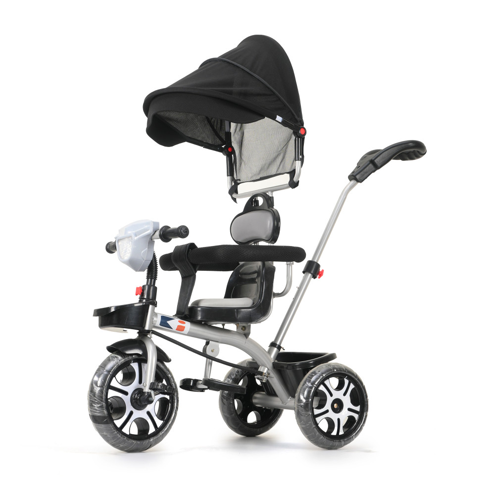 Image of Kids Tricycle with Hood, Front Basket, Safety Guard &amp; Parental Control | Pedal Ride On Cycle for 1.5–5 Year Toddlers with Music | 1005 - Black