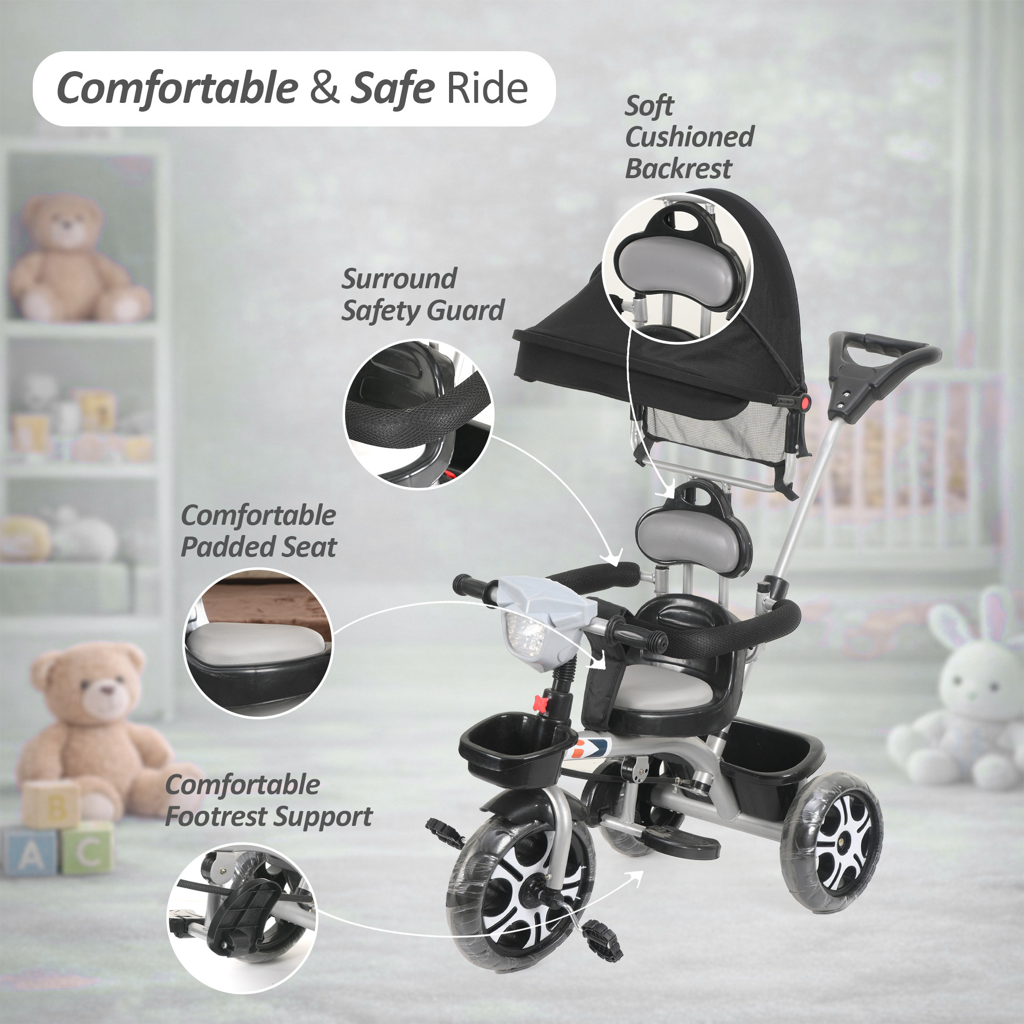 Kids Tricycle with Hood Front Basket Safety Guard  Parental Control  Pedal Ride On Cycle for 155 Year Toddlers with Music  1005 - Black