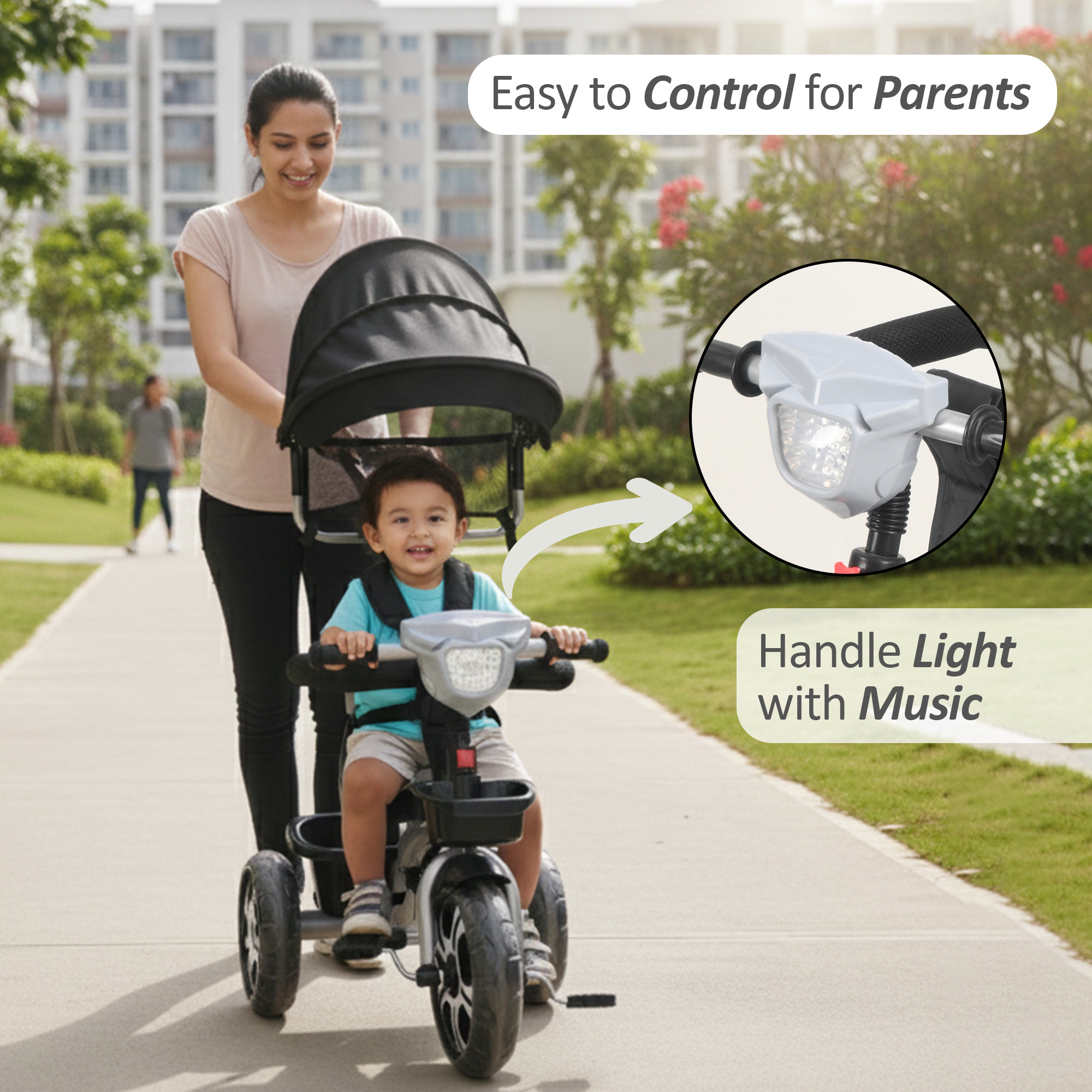 Kids Tricycle with Hood Front Basket Safety Guard  Parental Control  Pedal Ride On Cycle for 155 Year Toddlers with Music  1005 - Black