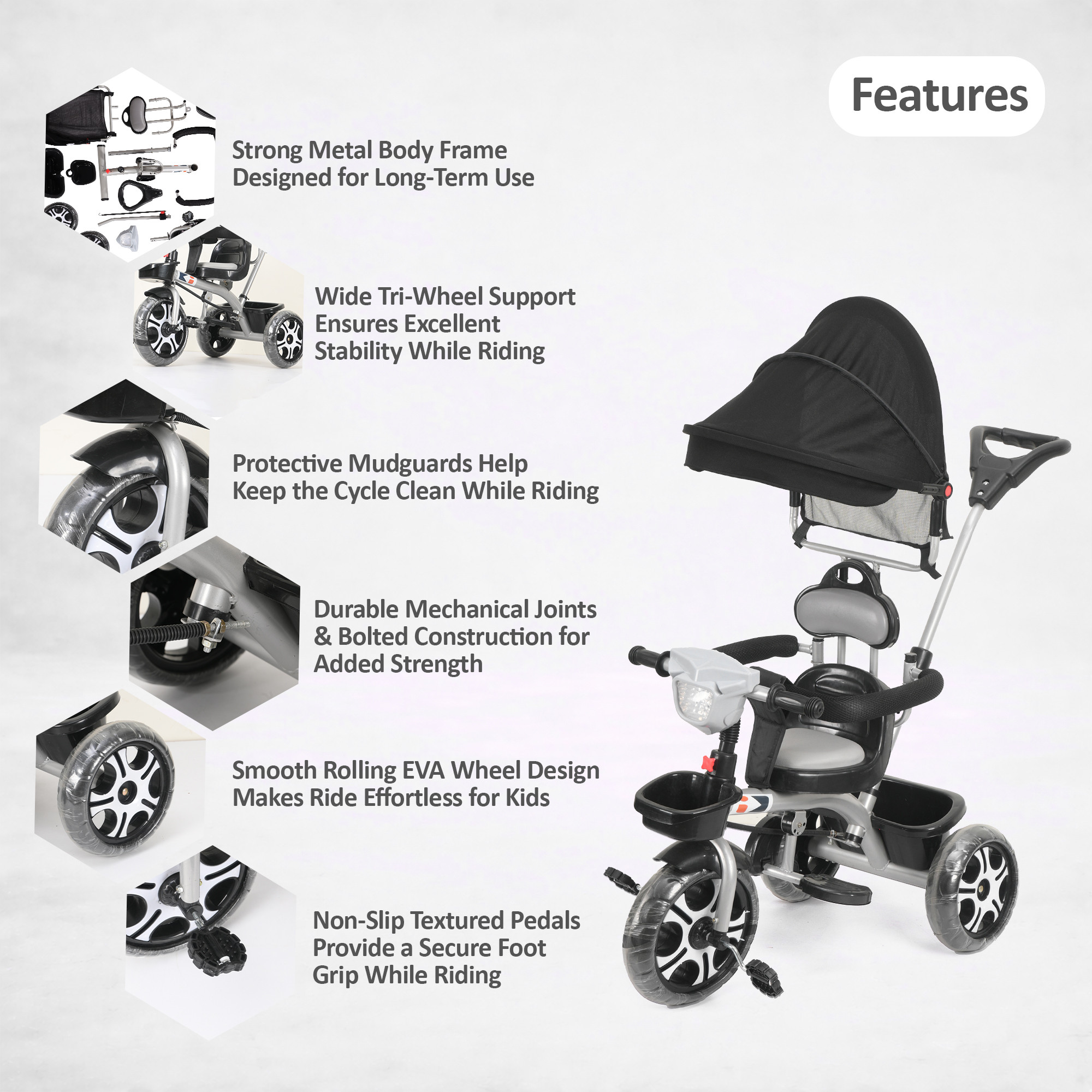 Kids Tricycle with Hood Front Basket Safety Guard  Parental Control  Pedal Ride On Cycle for 155 Year Toddlers with Music  1005 - Black