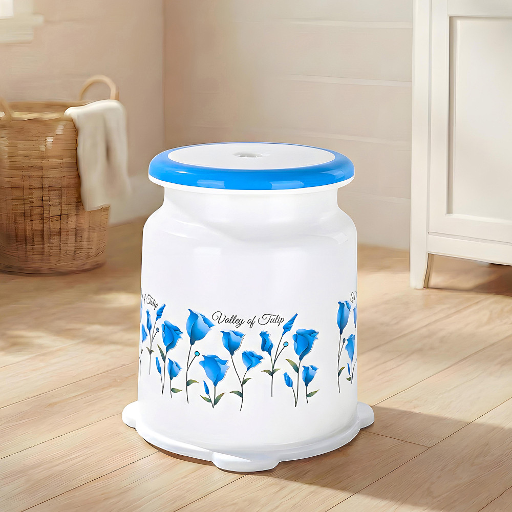 Image of Kuber Indiustries Strong Plastic Tulip Design Round Seating Stool for Home | Anti-Slip Stool for Adult &amp; Senior Citizen-Friendly Design | White &amp; Blue