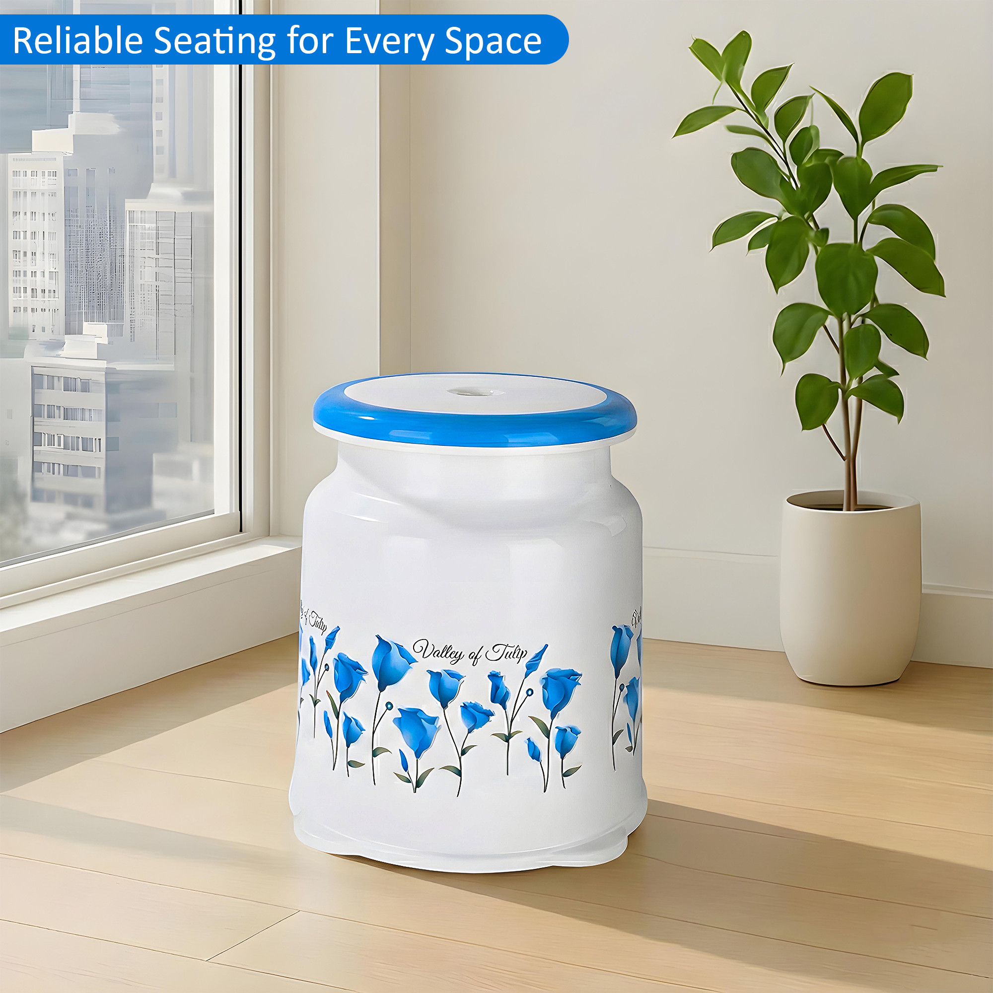Kuber Indiustries Strong Plastic Tulip Design Round Seating Stool for Home  Anti-Slip Stool for Adult  Senior Citizen-Friendly Design  White  Blue
