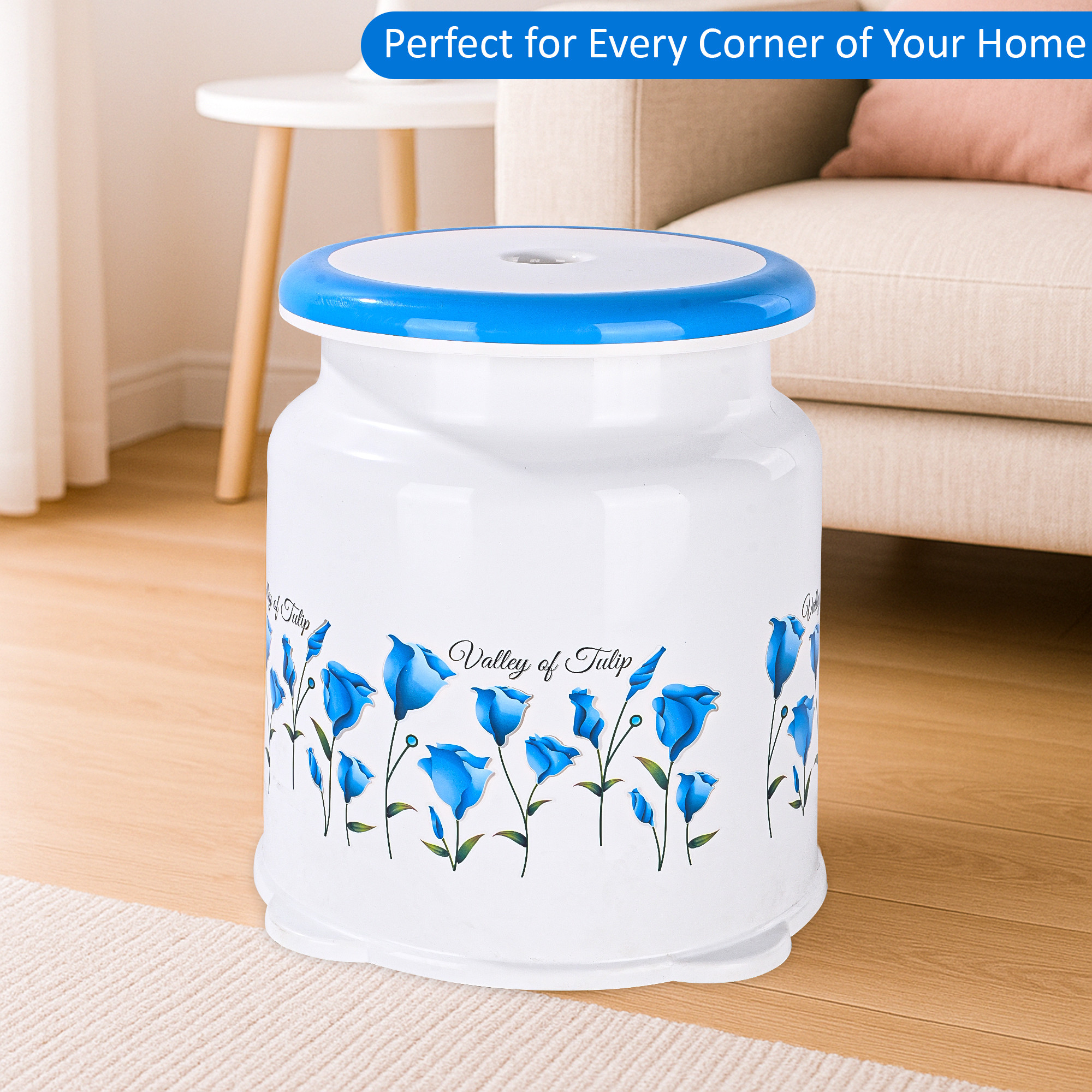 Kuber Indiustries Strong Plastic Tulip Design Round Seating Stool for Home  Anti-Slip Stool for Adult  Senior Citizen-Friendly Design  White  Blue