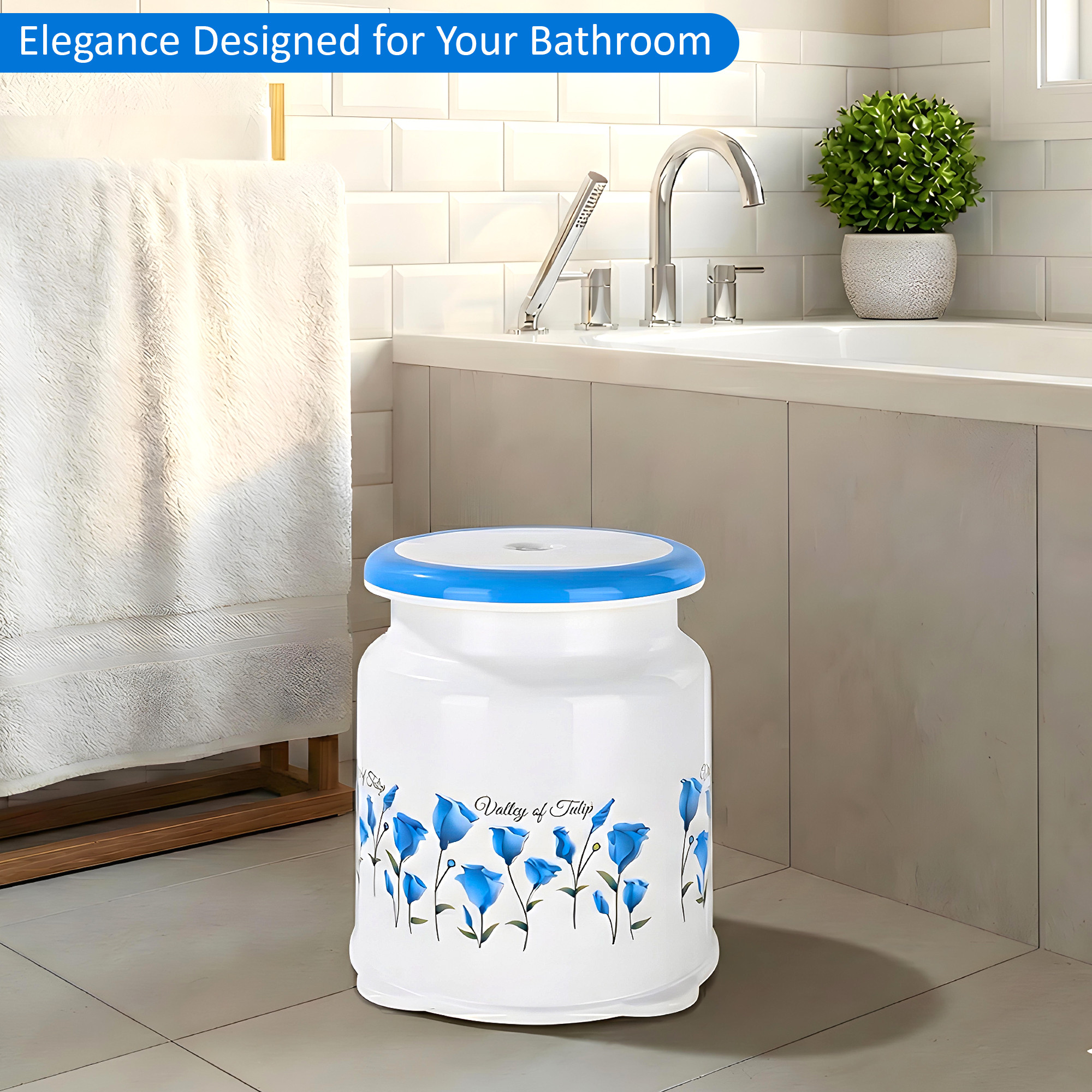 Kuber Indiustries Strong Plastic Tulip Design Round Seating Stool for Home  Anti-Slip Stool for Adult  Senior Citizen-Friendly Design  White  Blue