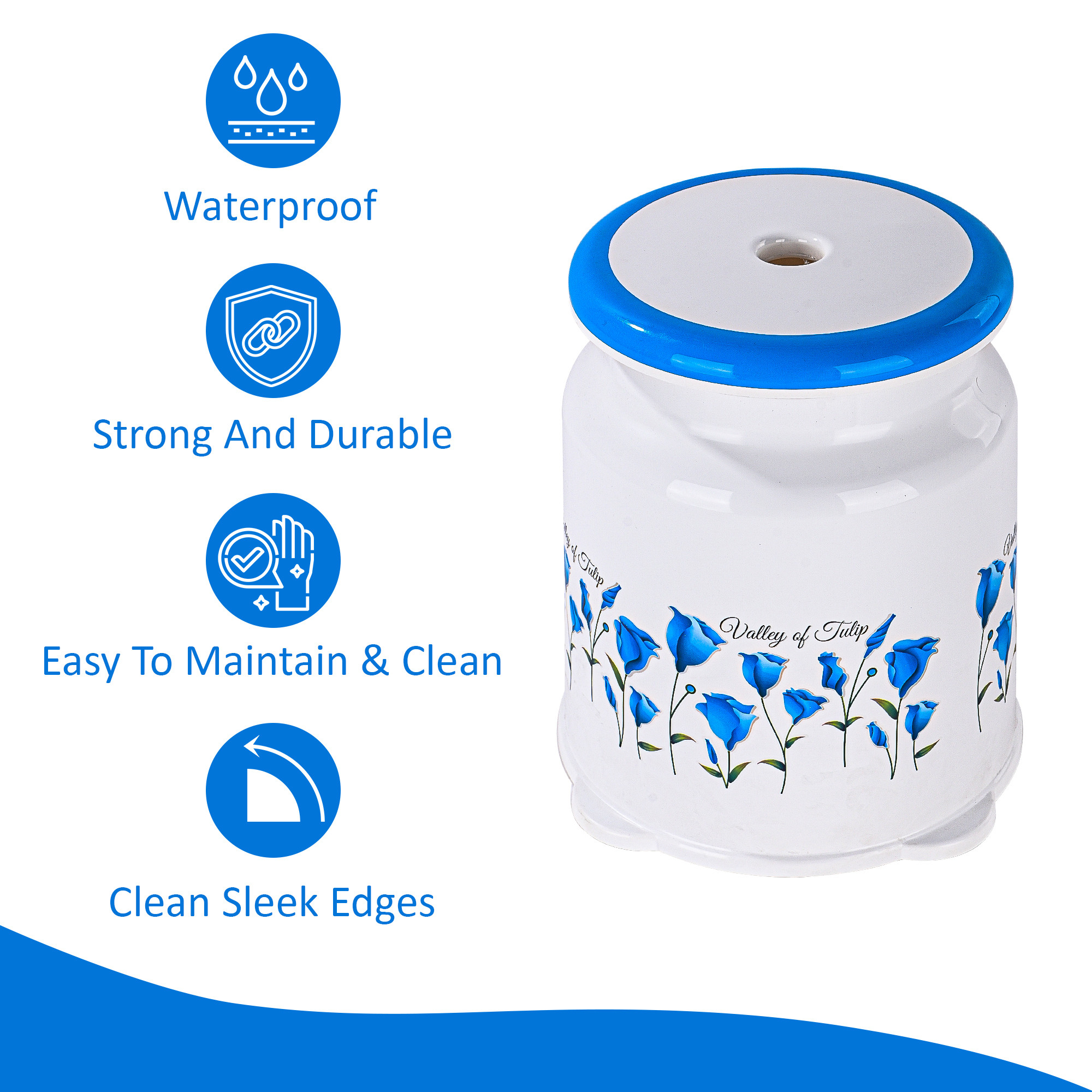 Kuber Indiustries Strong Plastic Tulip Design Round Seating Stool for Home  Anti-Slip Stool for Adult  Senior Citizen-Friendly Design  White  Blue