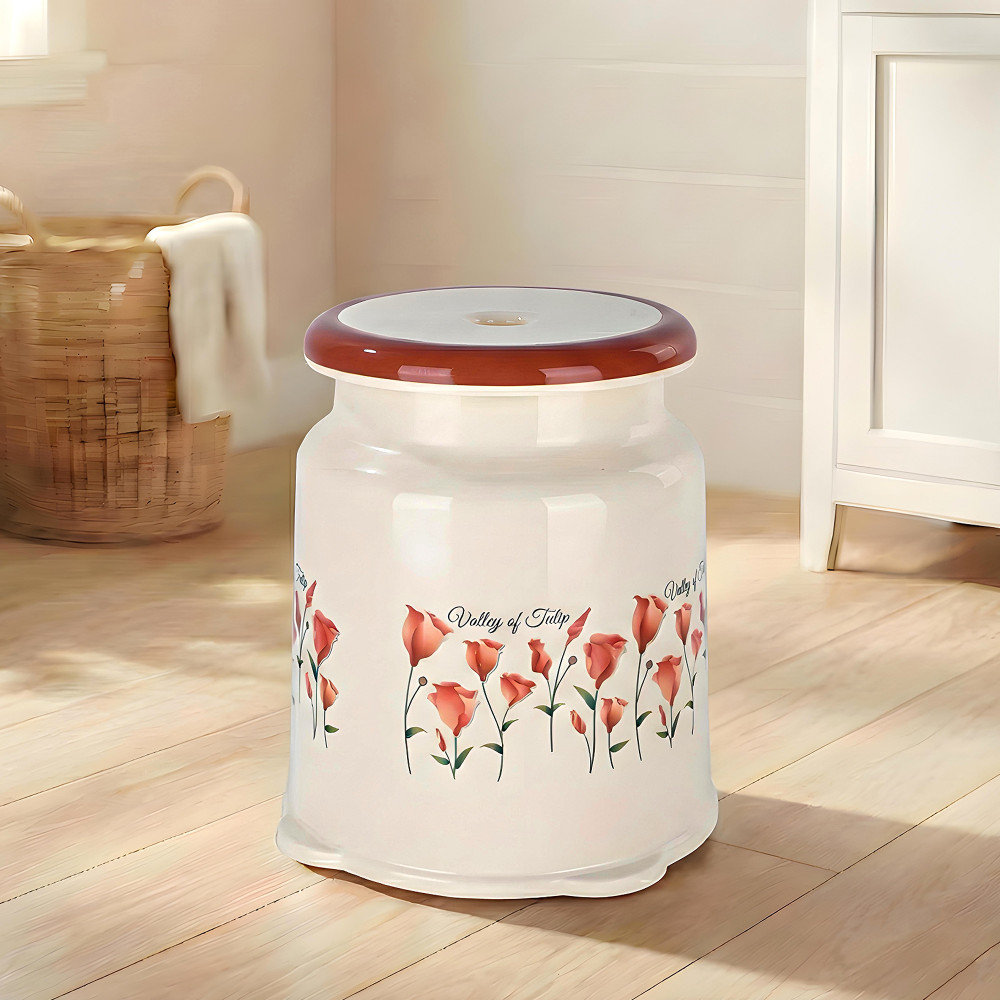 Image of Kuber Indiustries Strong Plastic Tulip Design Round Seating Stool for Home | Anti-Slip Stool for Adult &amp; Senior Citizen-Friendly Design | Cream &amp; Brown