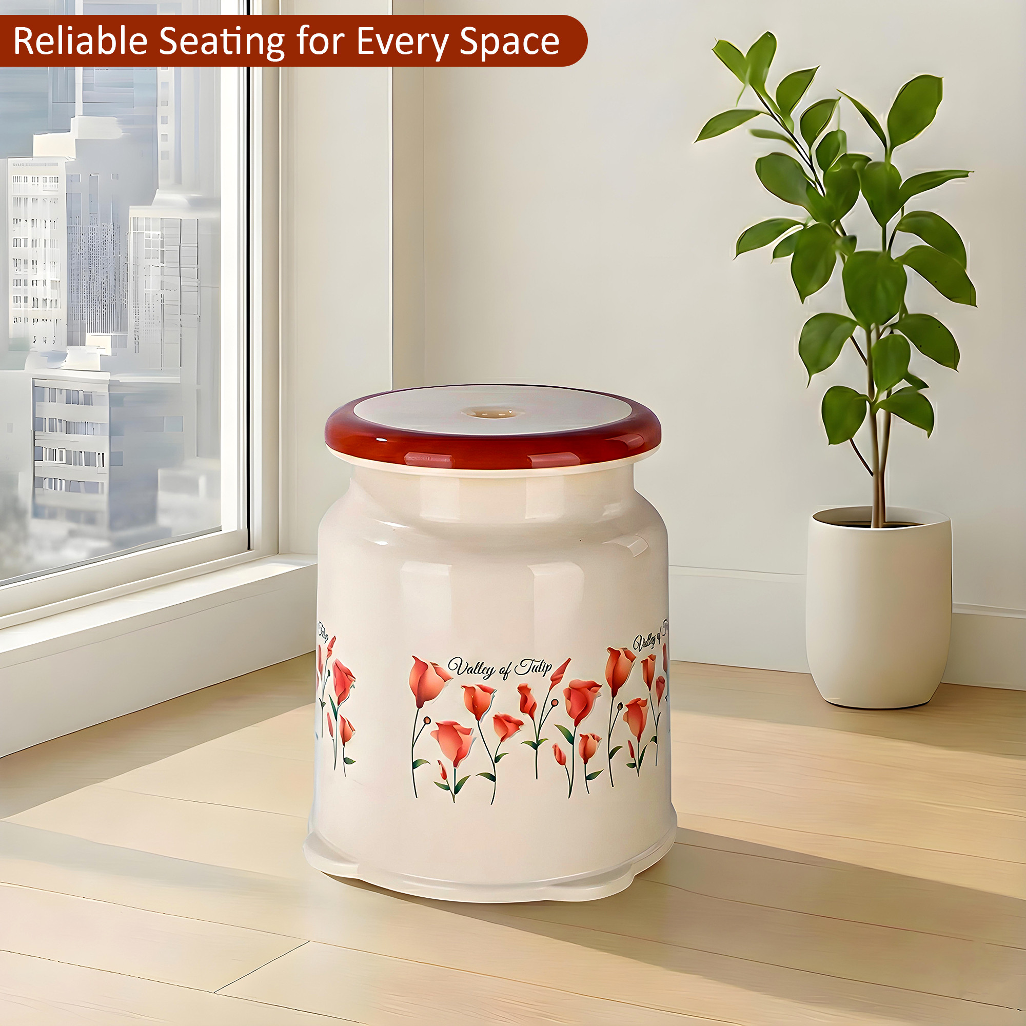 Kuber Indiustries Strong Plastic Tulip Design Round Seating Stool for Home  Anti-Slip Stool for Adult  Senior Citizen-Friendly Design  Cream  Brown