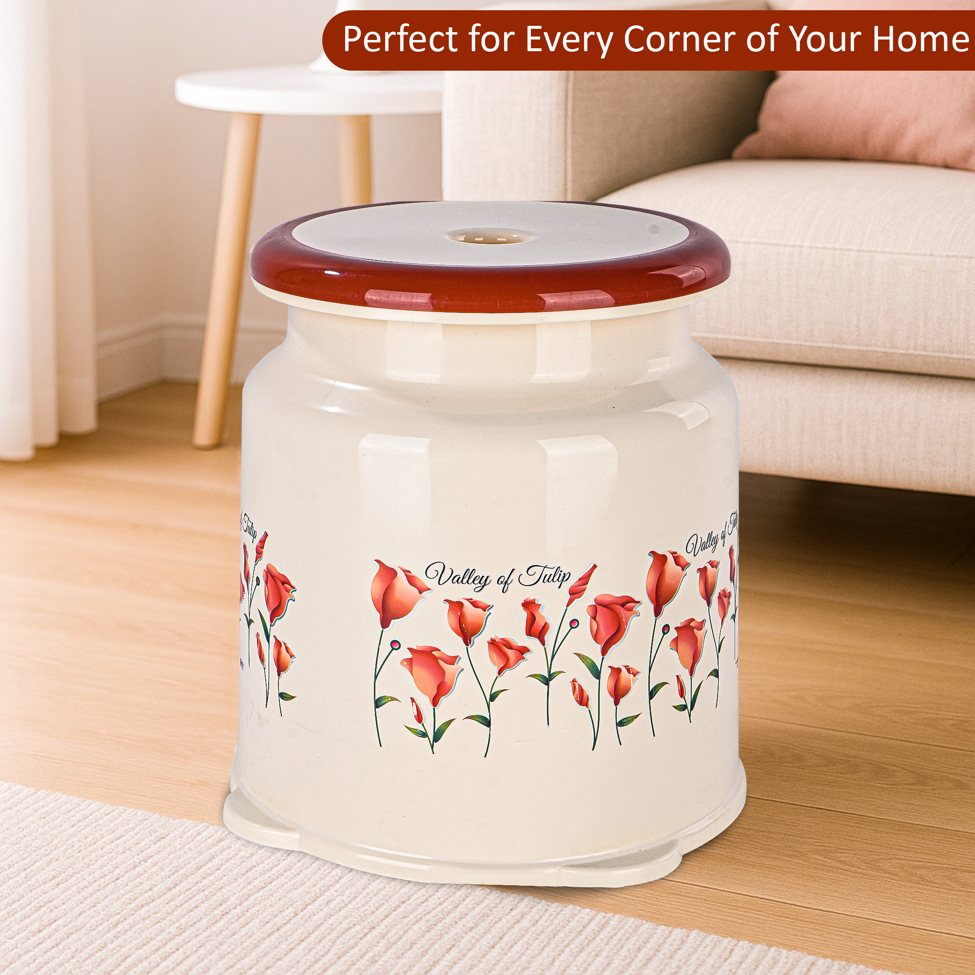 Kuber Indiustries Strong Plastic Tulip Design Round Seating Stool for Home  Anti-Slip Stool for Adult  Senior Citizen-Friendly Design  Cream  Brown