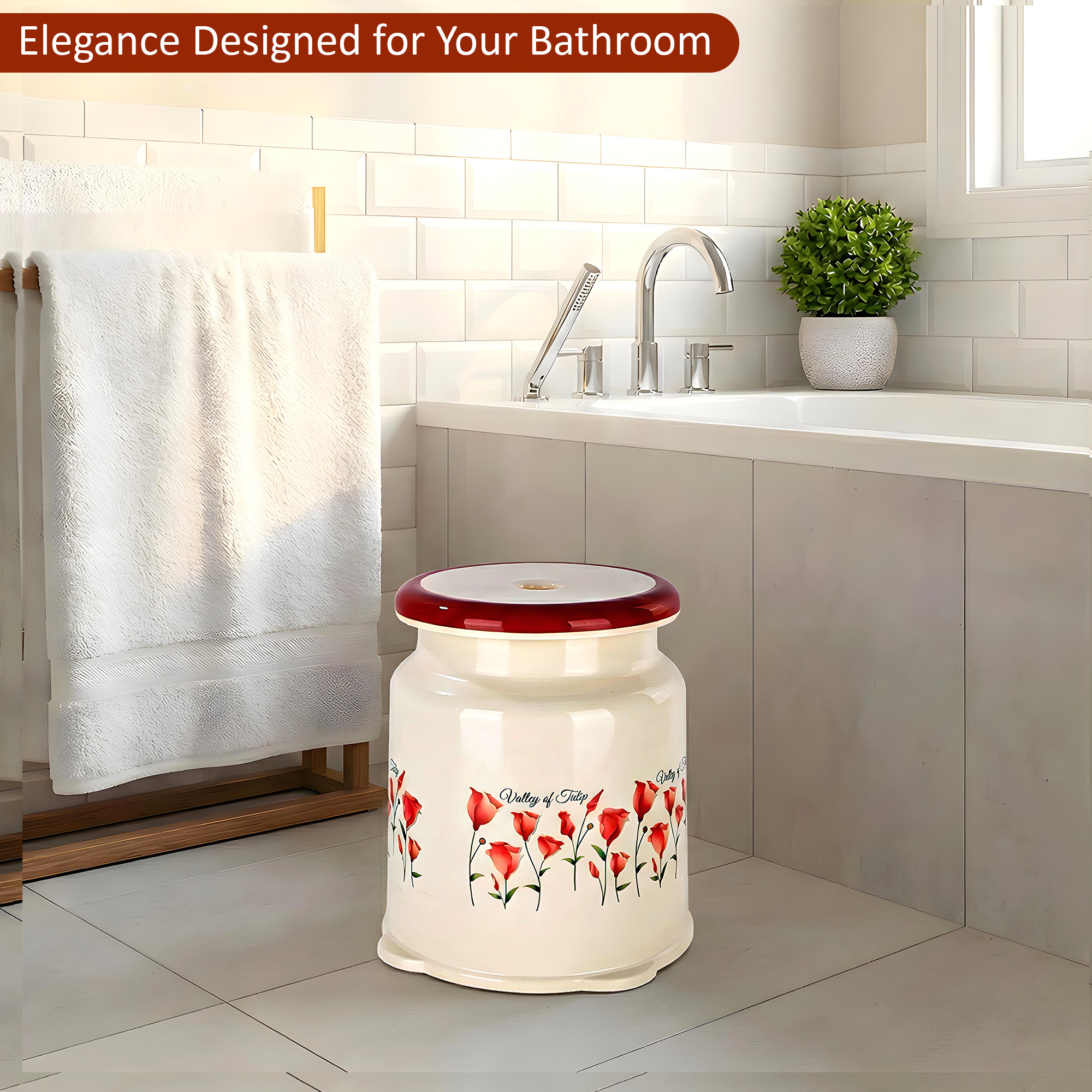 Kuber Indiustries Strong Plastic Tulip Design Round Seating Stool for Home  Anti-Slip Stool for Adult  Senior Citizen-Friendly Design  Cream  Brown