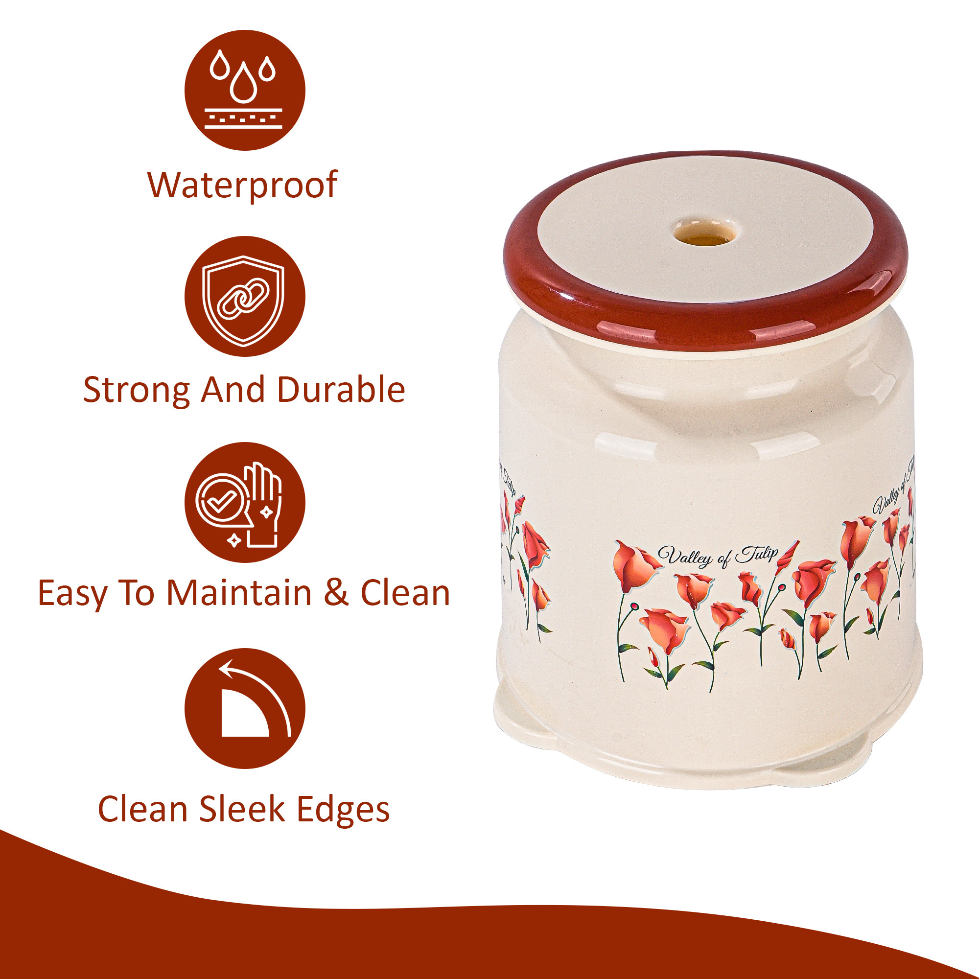 Kuber Indiustries Strong Plastic Tulip Design Round Seating Stool for Home  Anti-Slip Stool for Adult  Senior Citizen-Friendly Design  Cream  Brown