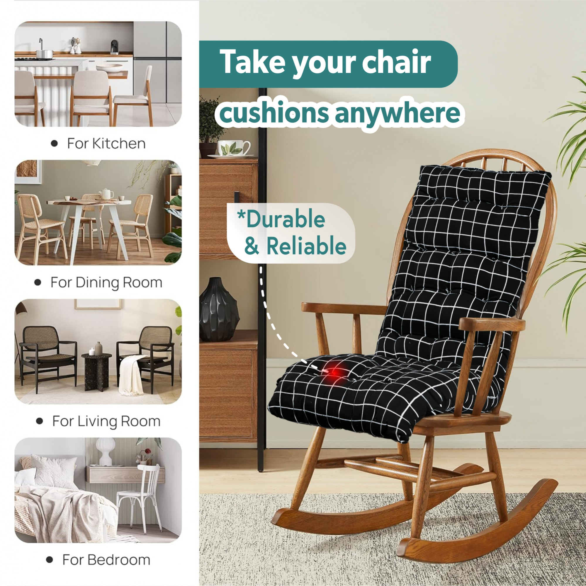 Kuber Indsutries 18x48 Inch Extra Long Chair Cushion for Comfortable Sitting  Rocking Chairs for IndoorOutdoor  Cushion For Home Office  Back Rest Support Cushion with Ties  Check - Black